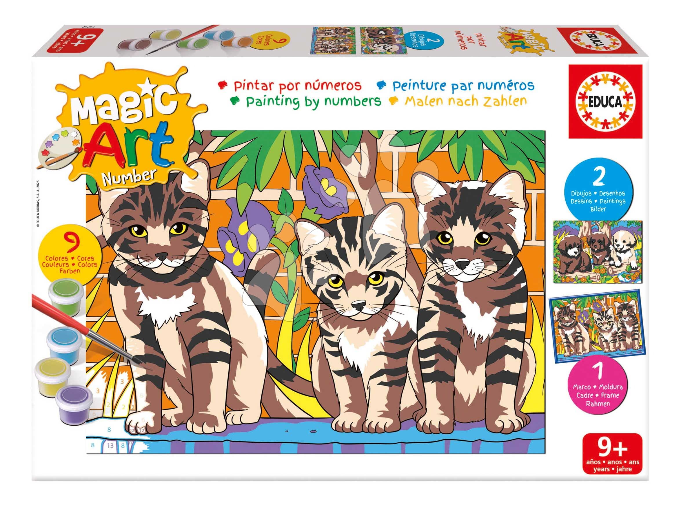 Maľovanie podľa čísiel Šteniatka a mačičky Magic Art Number Cats & Dogs Educa 2 obrázky s rámikom a 9 farieb so štetcom a paletou od 9 rokov