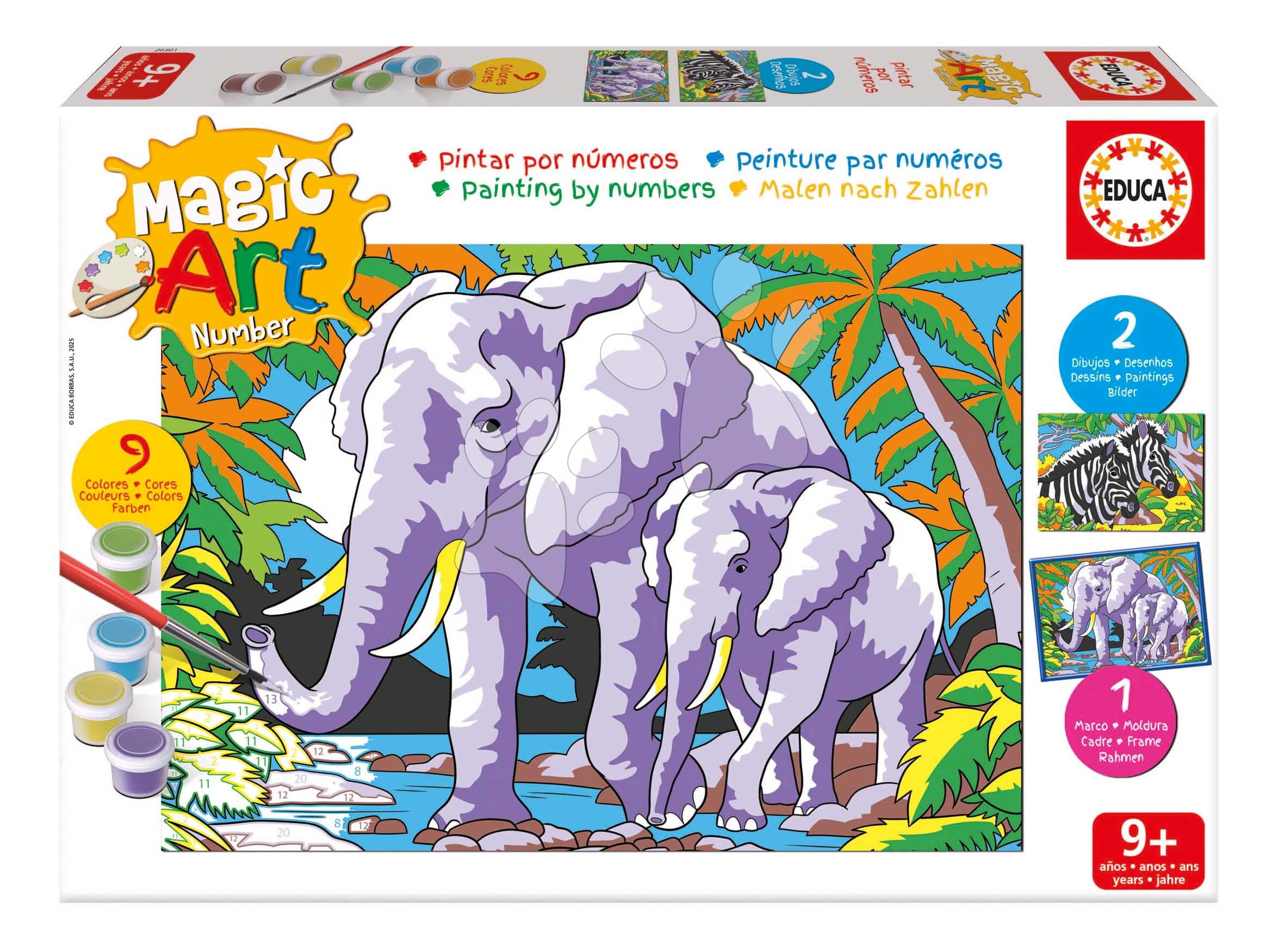 Maľovanie podľa čísiel Divoké zvieratá Magic Art Number Wild Animals Educa 2 obrázky s rámikom a 9 farieb so štetcom a paletou od 9 rokov 1