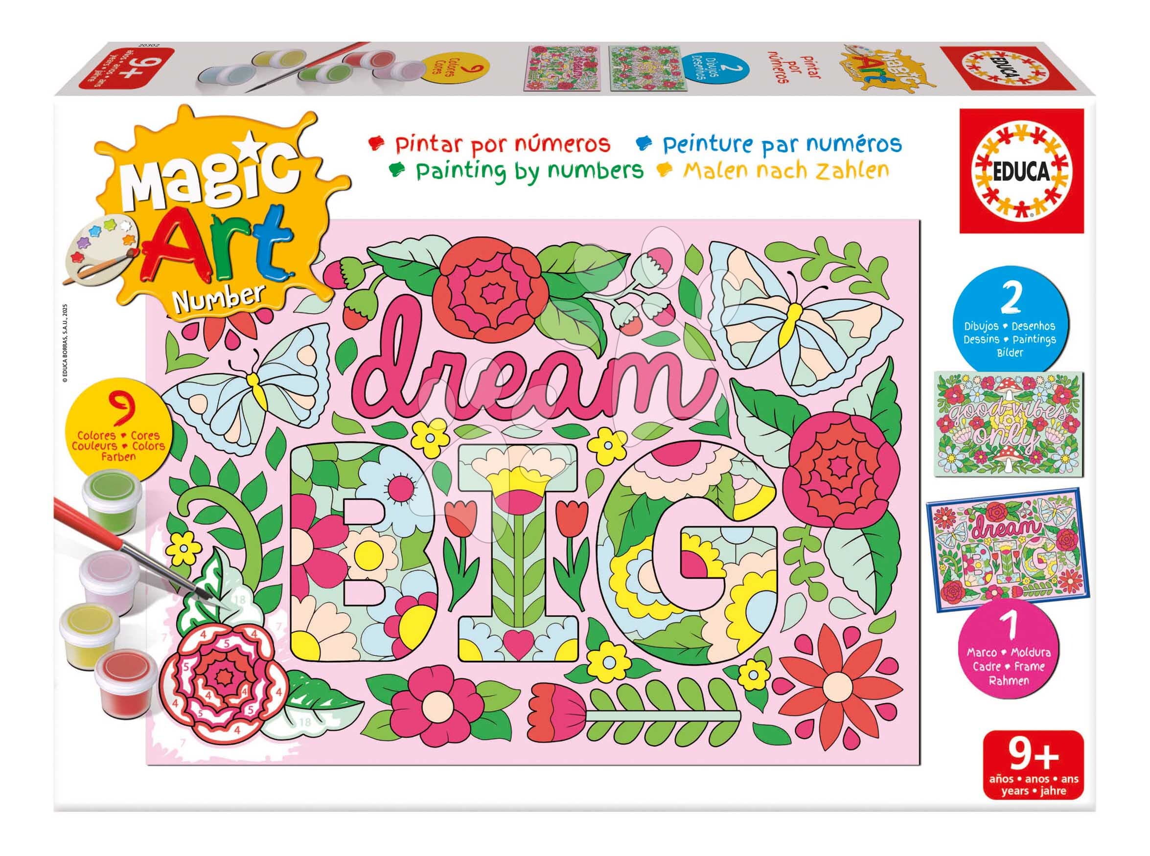 Maľovanie podľa čísiel Kvety Magic Art Number Flowers Educa 2 obrázky s rámikom a 9 farieb so štetcom a paletou od 9 rokov 1