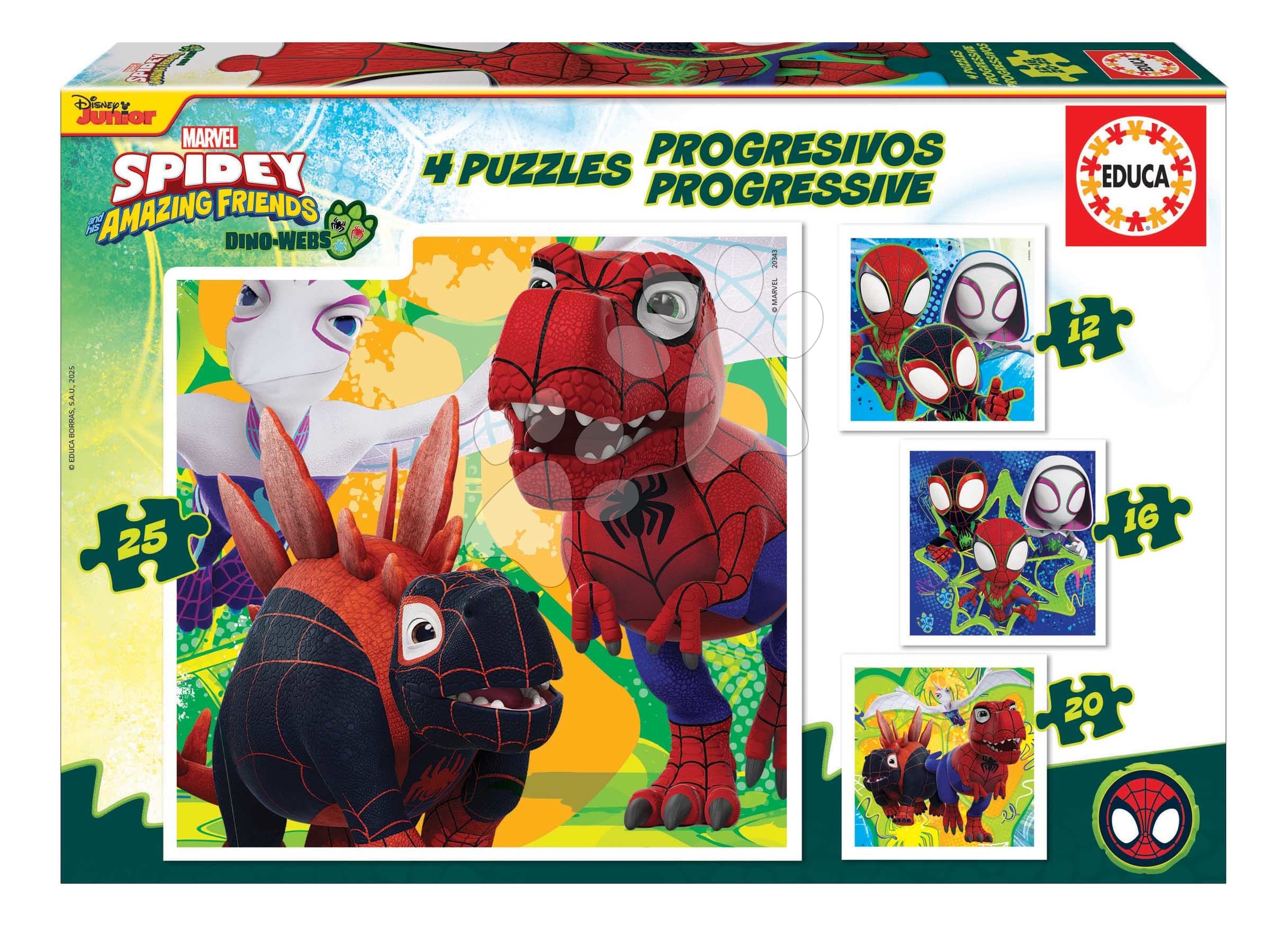 Puzzle Spidey Dino Marvel Progressive Educa progresívne 12-16-20-25 dielov 1