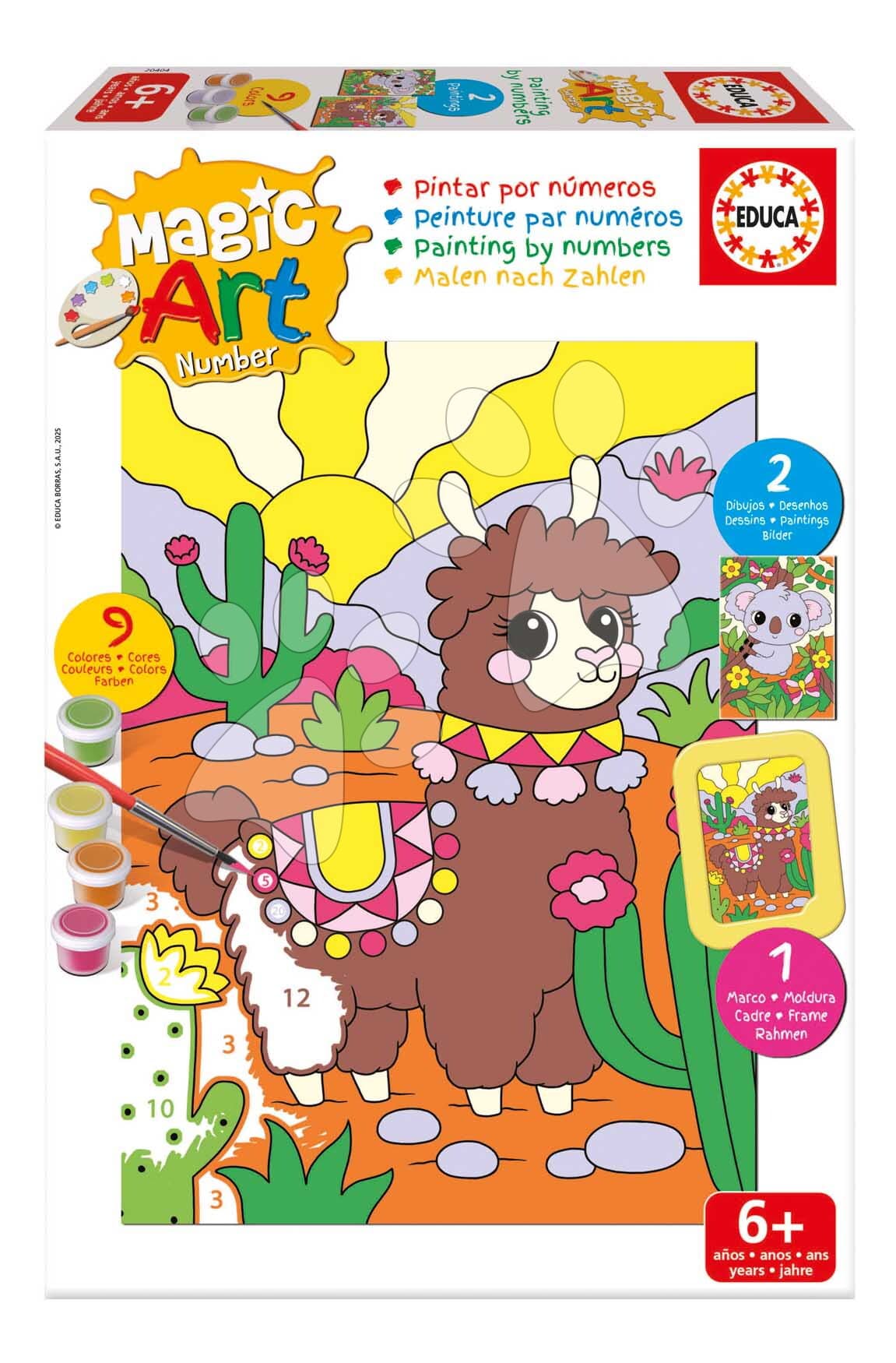 Maľovanie podľa čísiel Llama & Koala Magic Art Number Educa 2 obrázky s rámikom a 9 farieb so štetcom a paletou od 6 rokov 1