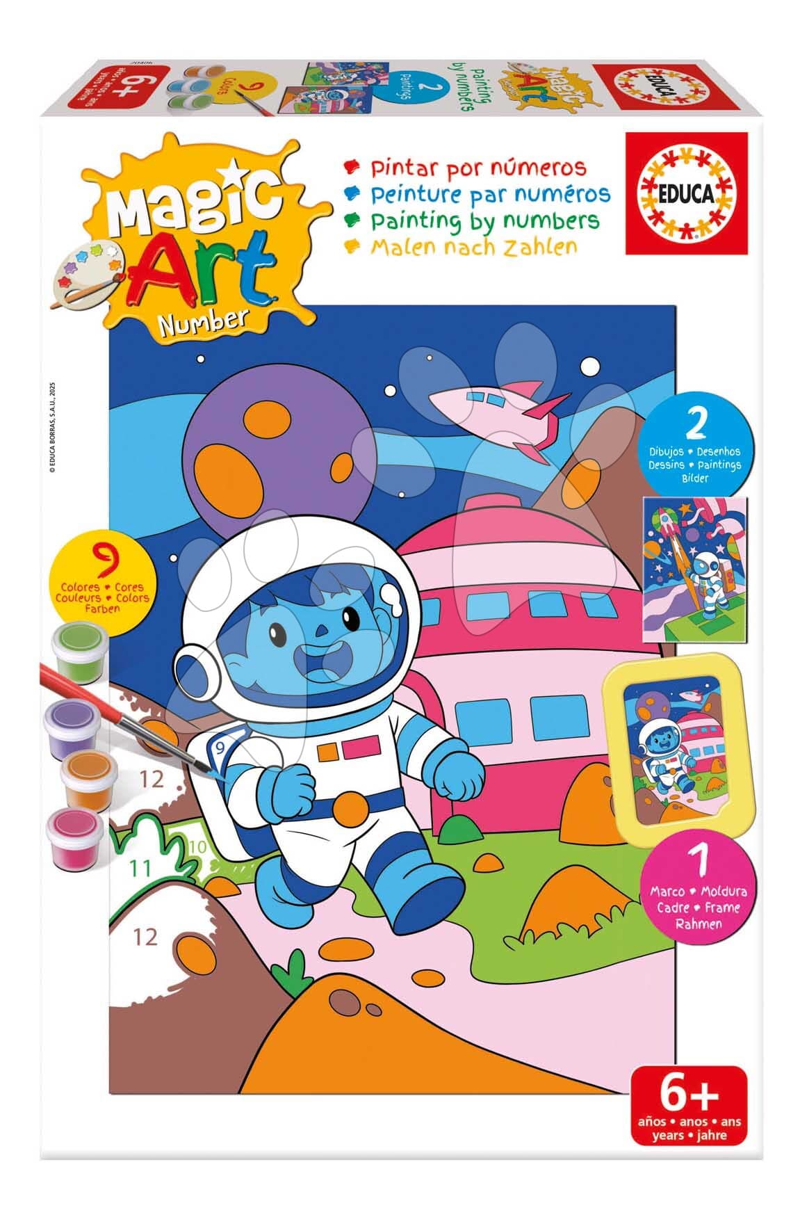 Maľovanie podľa čísiel Vesmír Magic Art Number Space Scene Educa 2 obrázky s rámikom a 9 farieb so štetcom a paletou od 6 rokov