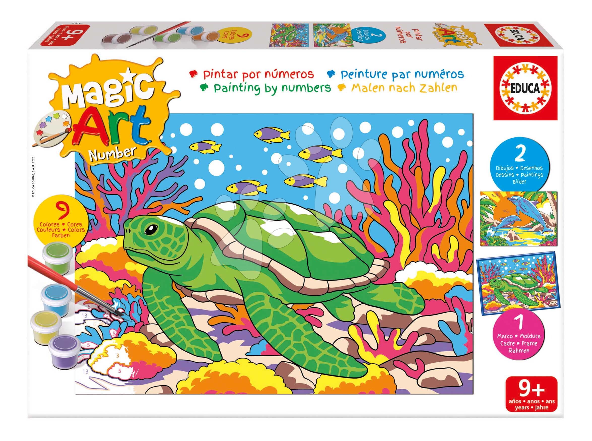 Maľovanie podľa čísiel Morské živočíchy Magic Art Number Marine Animals Educa 2 obrázky s rámikom a 9 farieb so štetcom a paletou od 9 rokov