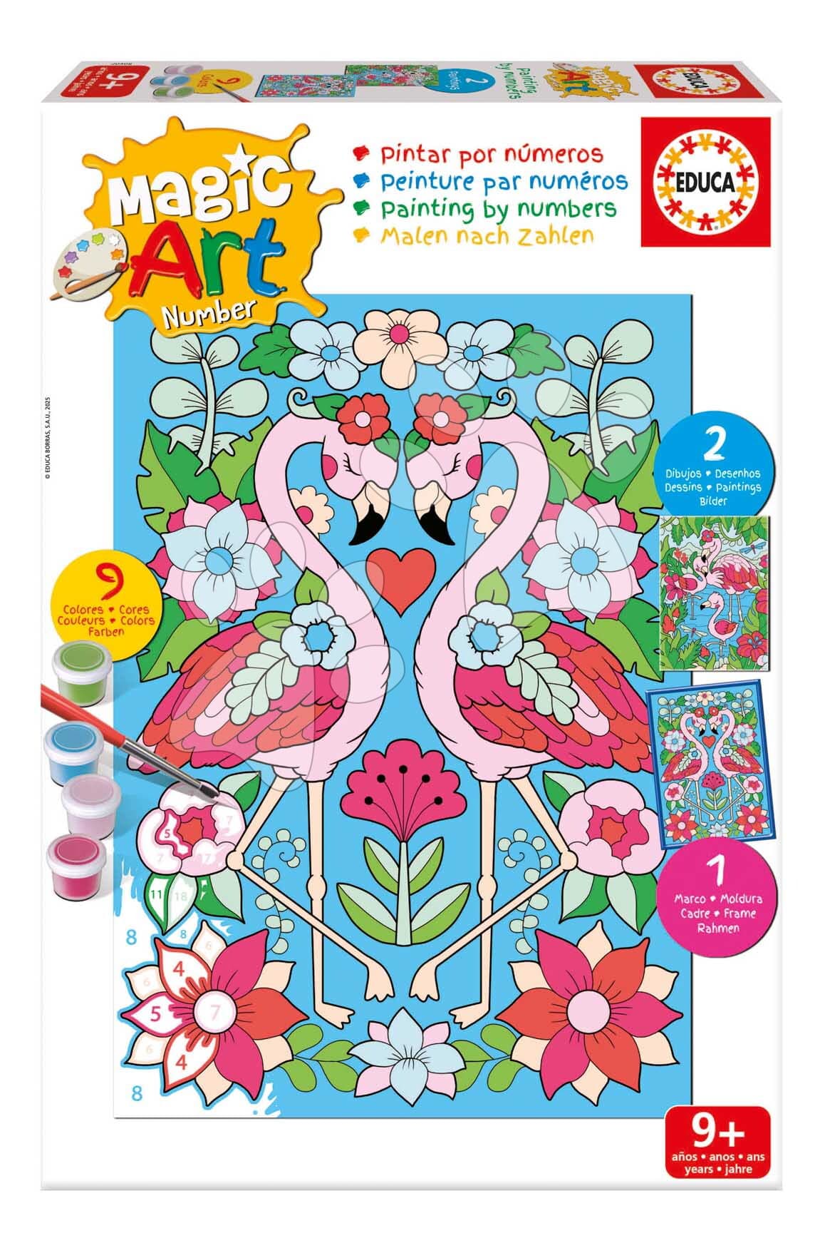 Maľovanie podľa čísiel Plameniak Magic Art Number Flamingos Educa 2 obrázky s rámikom a 9 farieb so štetcom a paletou od 9 rokov
