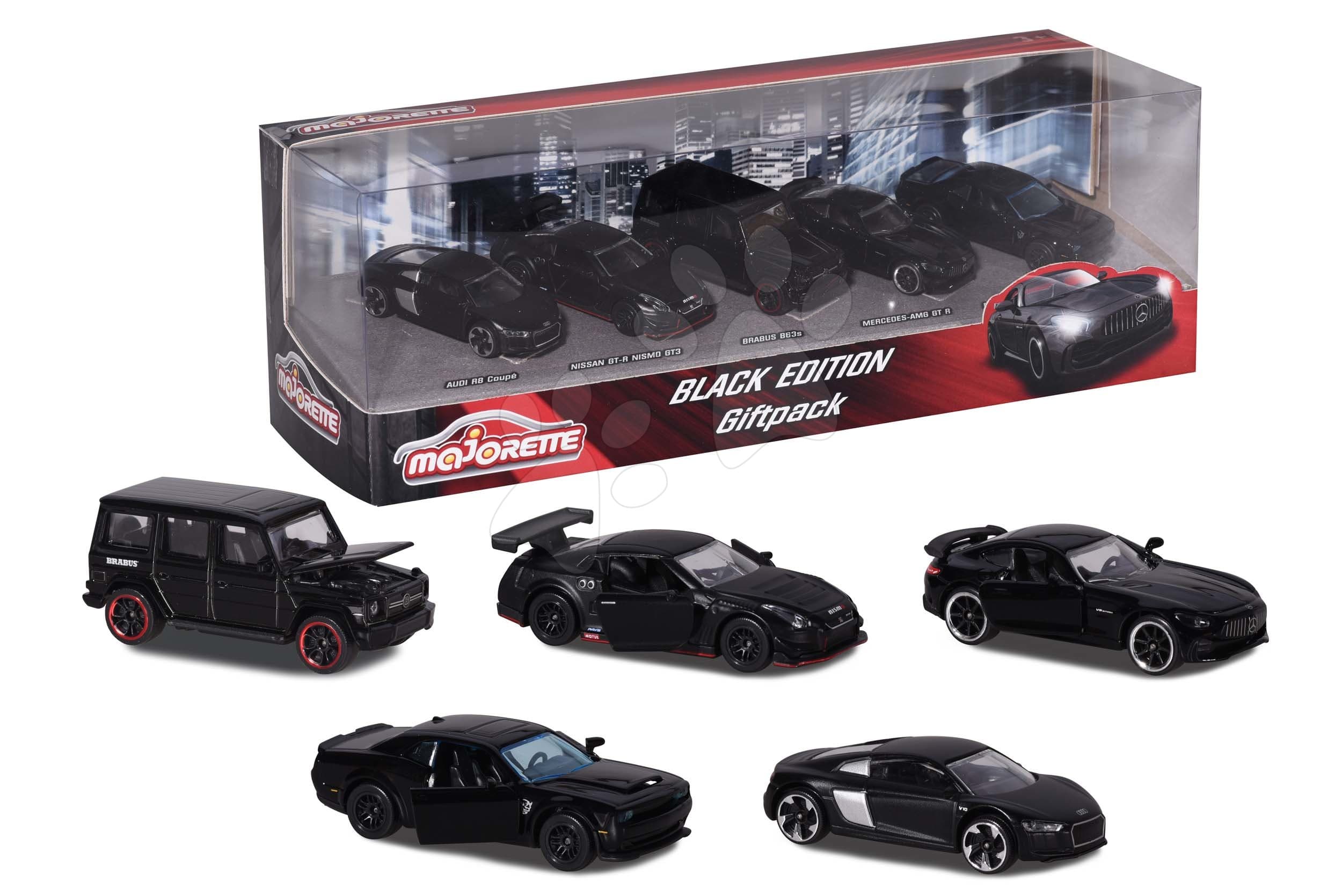 Autíčka Black Edition Majorette otvárateľné 7,5 cm dĺžka sada 5 druhov v darčekovom balení 1