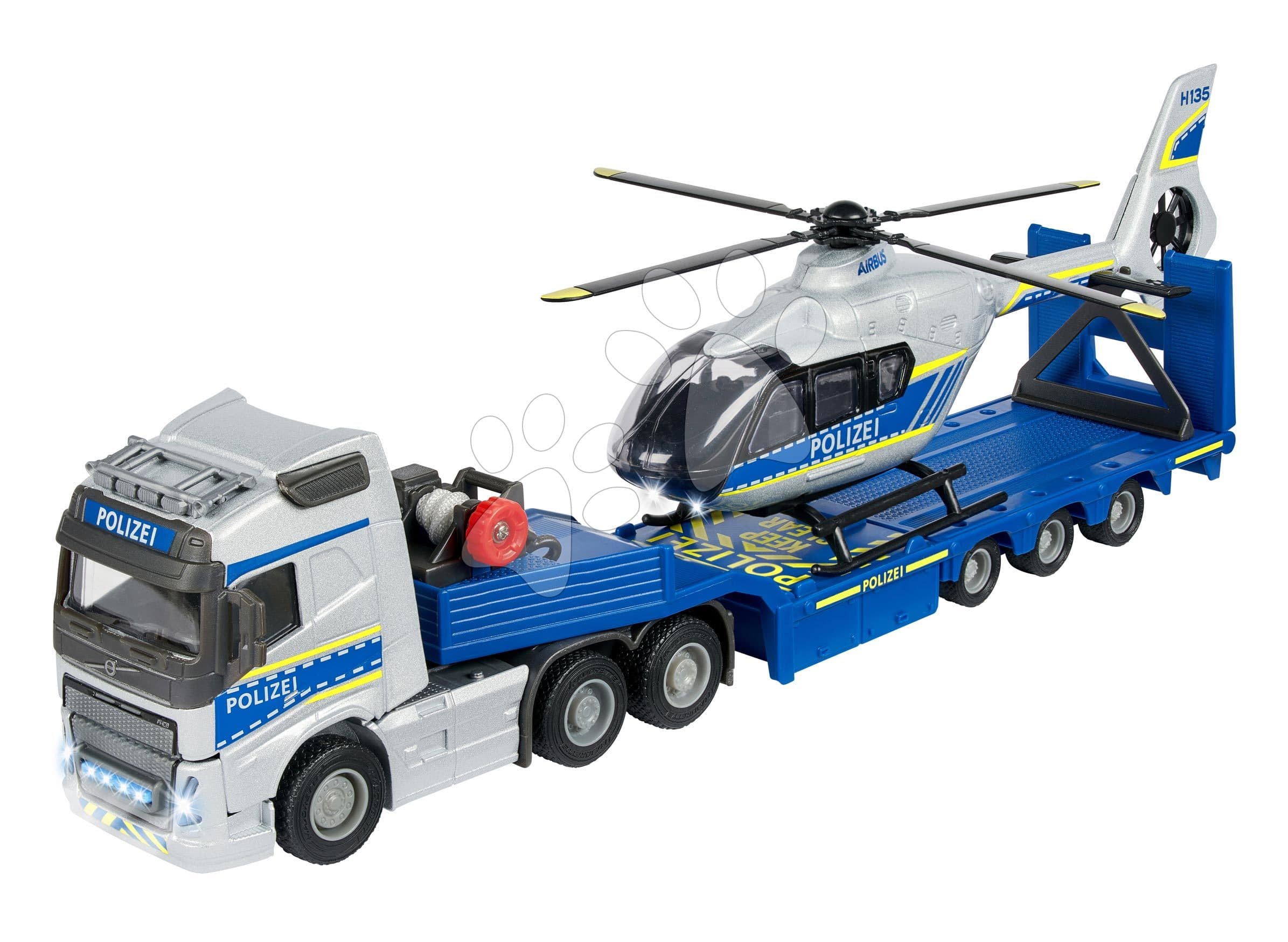 Kamión s policajným vrtuľníkom Volvo Majorette 35 cm dĺžka so zvukom a svetlom 1