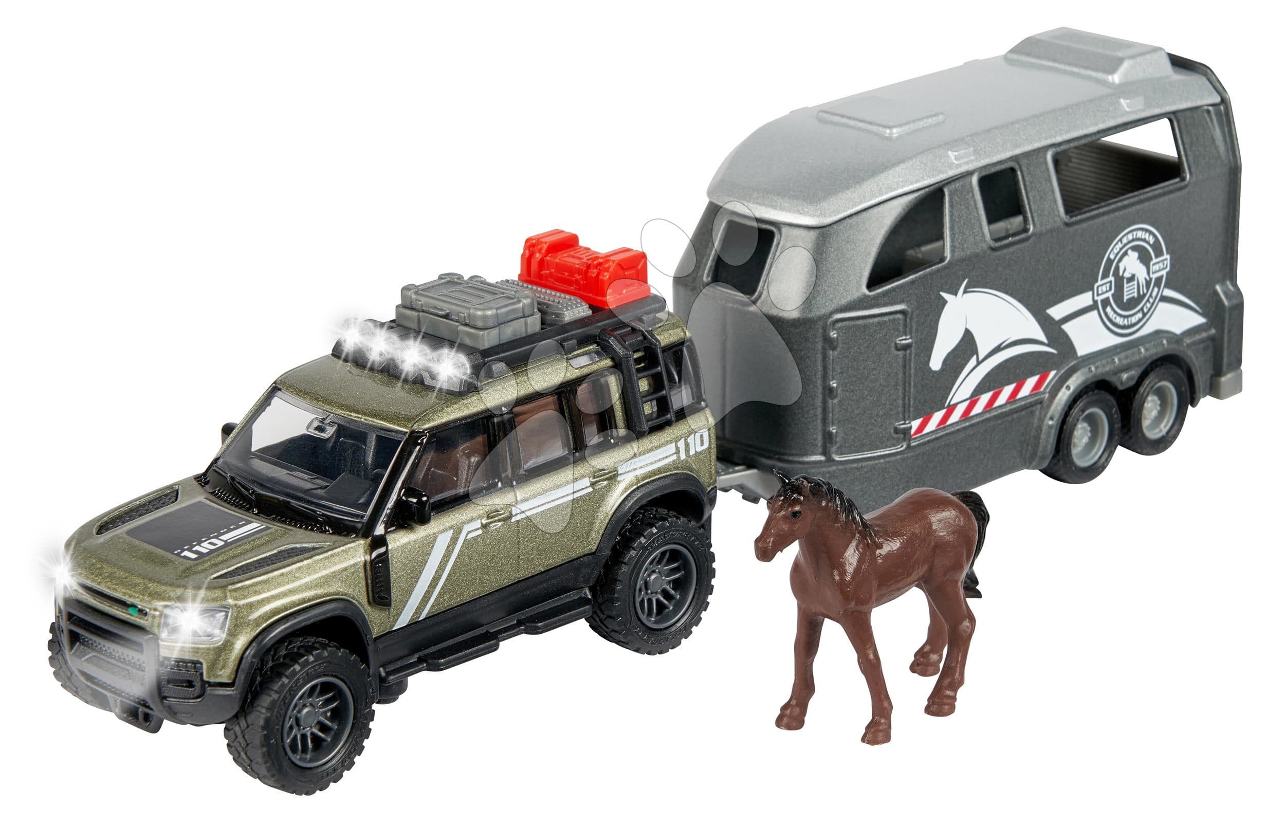 Auto terénne s prívesom pre koňa Land Rover Horse Carrier Majorette 25 cm dĺžka so zvukom a svetlom 1