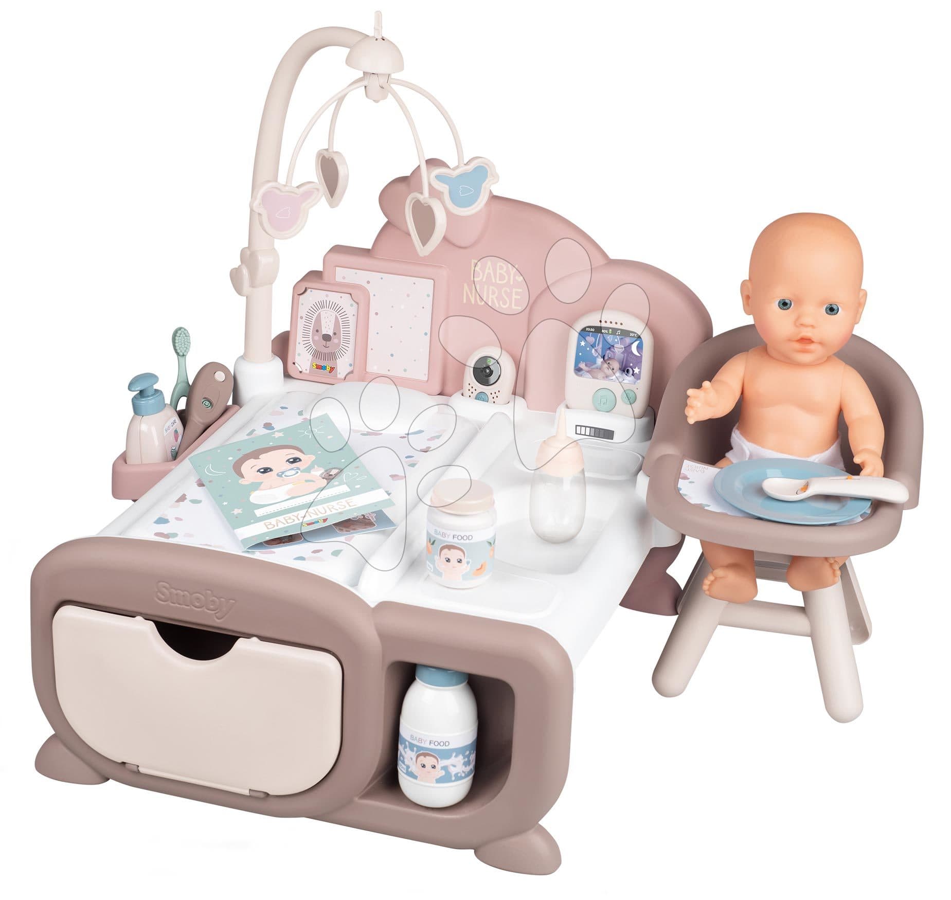 Domček pre bábiku Cocoon Nursery Natur D'Amour Baby Nurse Smoby denná a nočná zóna s elektronickými funkciami 20 doplnkov