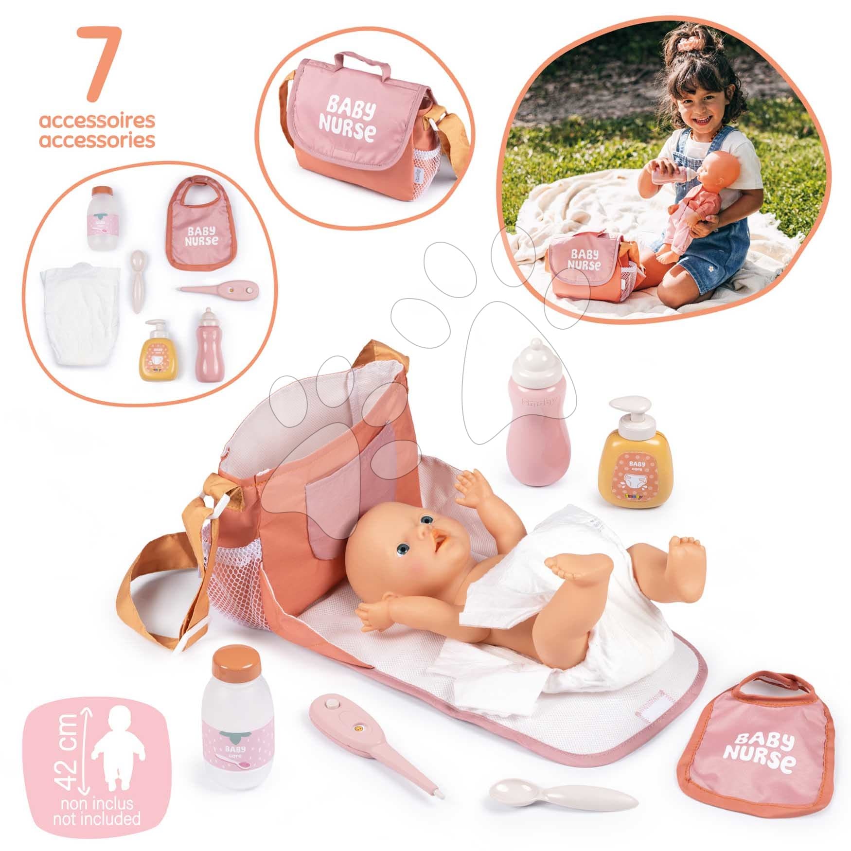 Prebaľovacia taška s plienkou a fľaškou Changing Bag Soft Baby Nurse Smoby s 8 doplnkami pre 42 cm bábiku