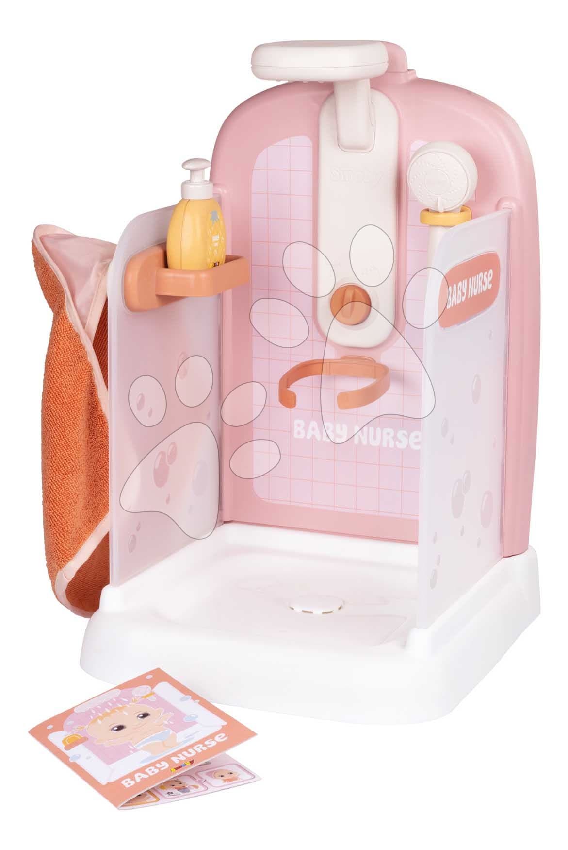 Kúpeľňa s funkčnou sprchou pre bábiky Shower Soft Baby Nurse Smoby s osuškou odnímateľnou sprchovou hlavicou a náučna brožúrka 1