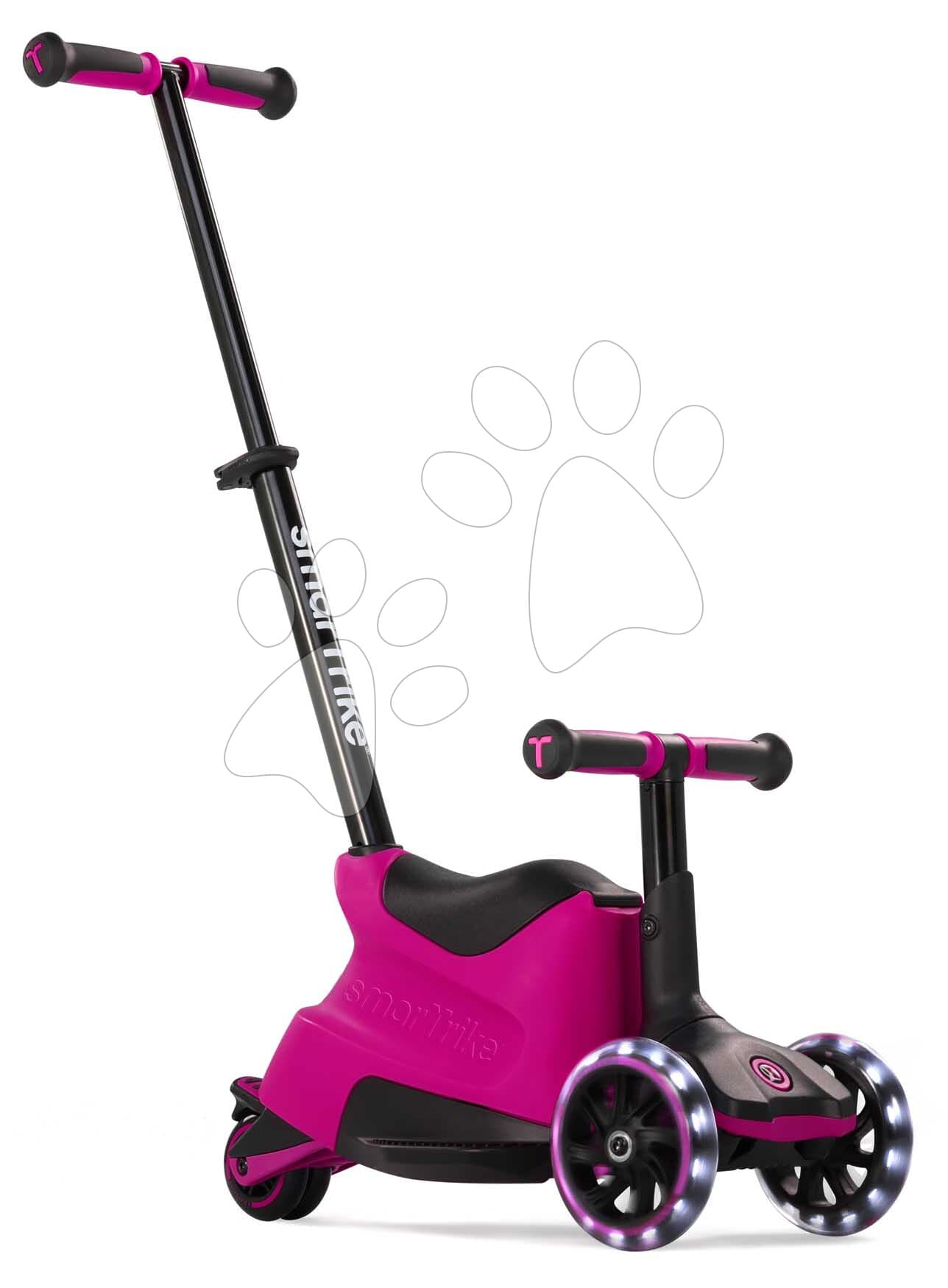 Odrážadlo a kolobežka 2v1 trojkolesová s LED kolesami Xtend Scooter Ride-on Pink smarTrike s vodiacou tyčou s nastaviteľnou výškou a úložným priestorom od 1 do 12 rokov