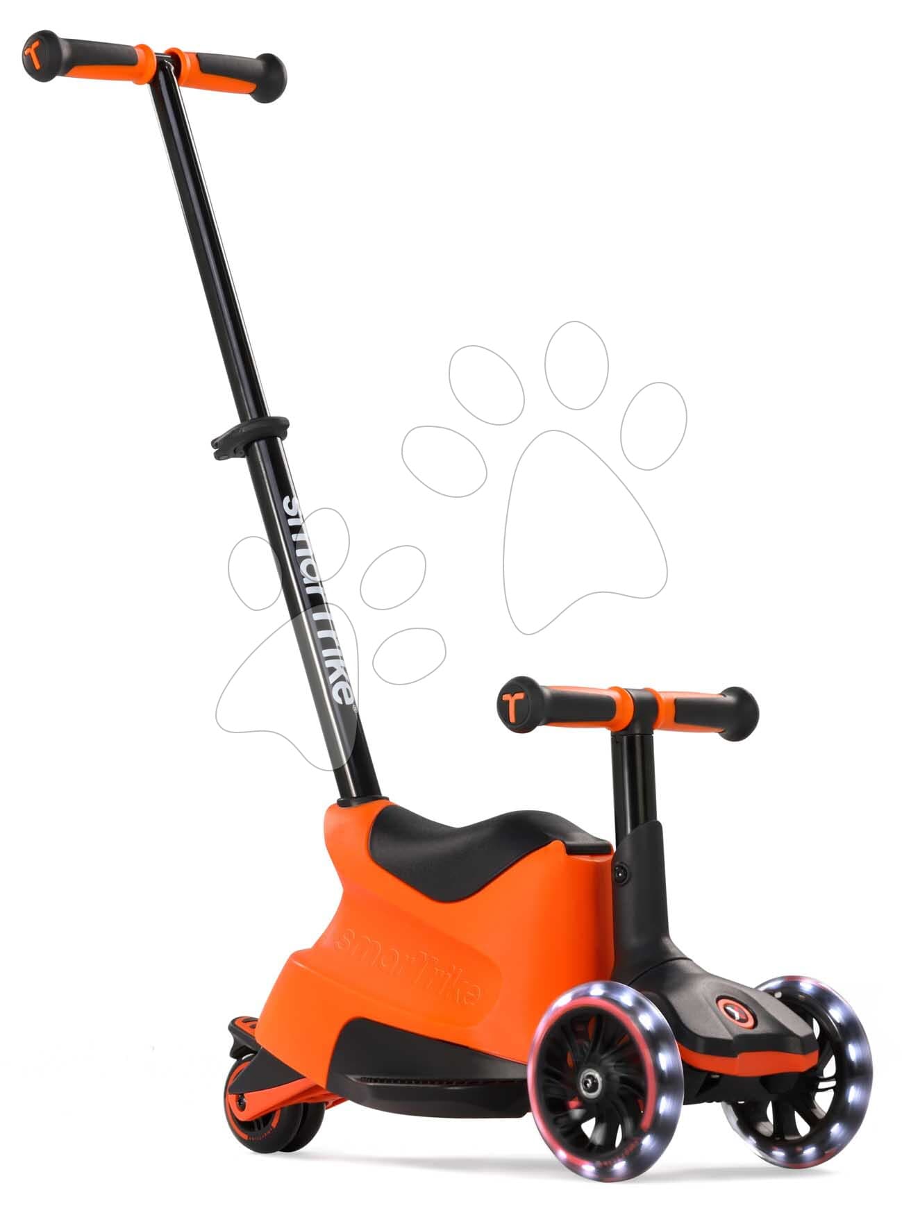 Odrážadlo a kolobežka 2v1 trojkolesová s LED kolesami Xtend Scooter Ride-on Orange smarTrike s vodiacou tyčou s nastaviteľnou výškou a úložným priestorom od 1 do 12 rokov
