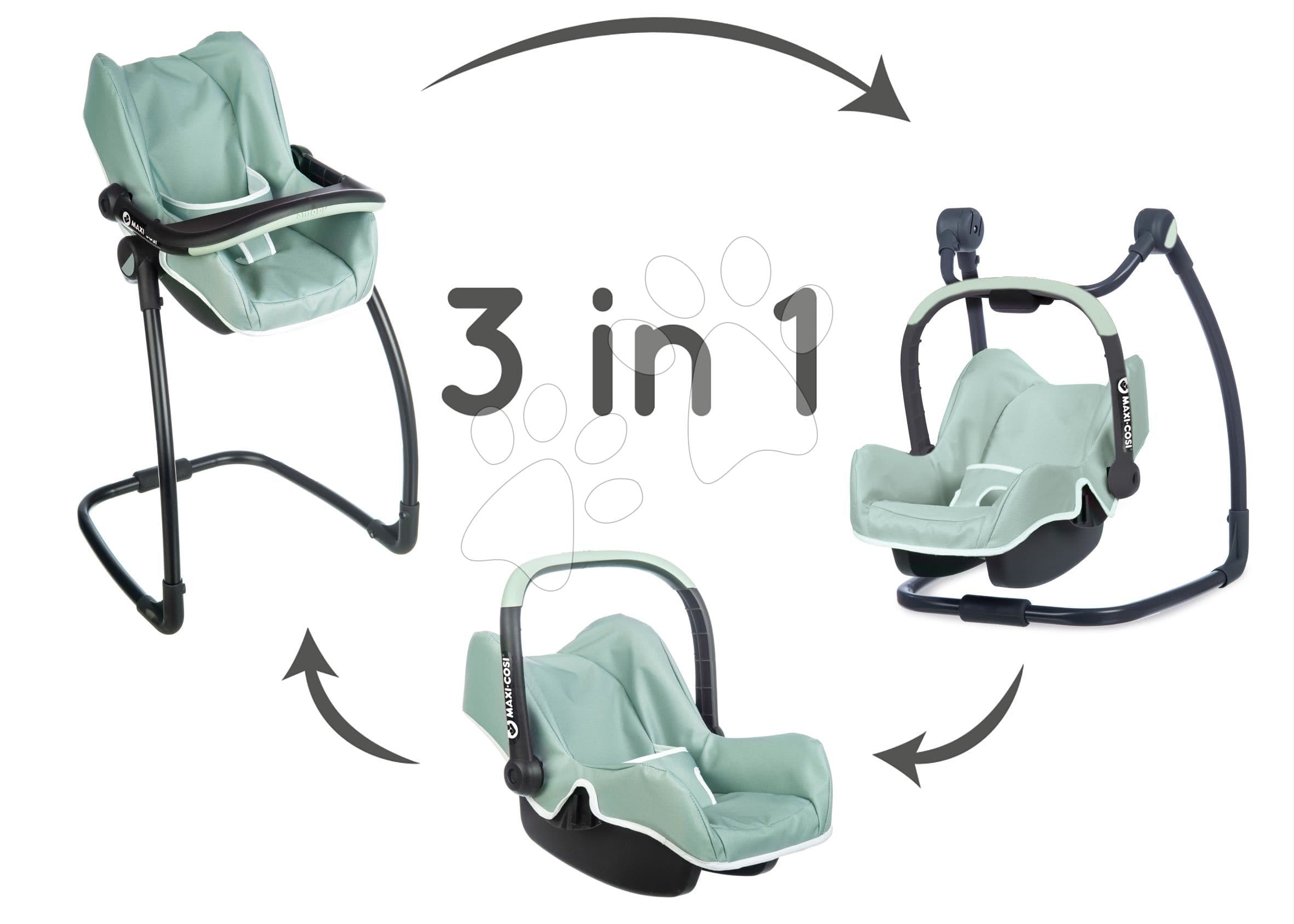 Jedálenská stolička s autosedačkou a hojdačkou Maxi Cosi Seat+High Chair Sage Smoby trojkombinácia s bezpečnostným pásom olivová 1