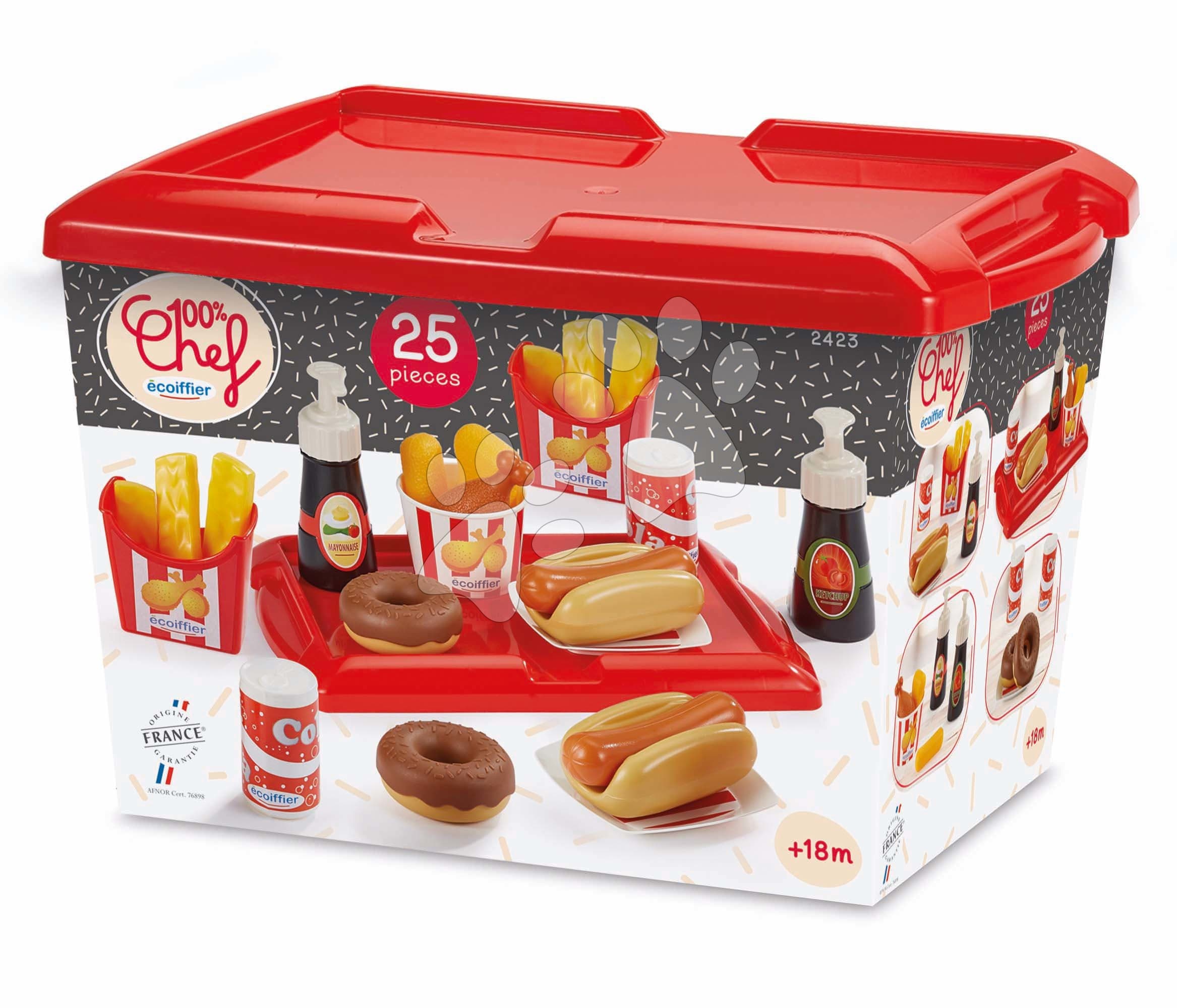 Set hot dog s hranolkami a nápojmi 100% Chef Écoiffier na tácke 25 doplnkov od 18 mes 1
