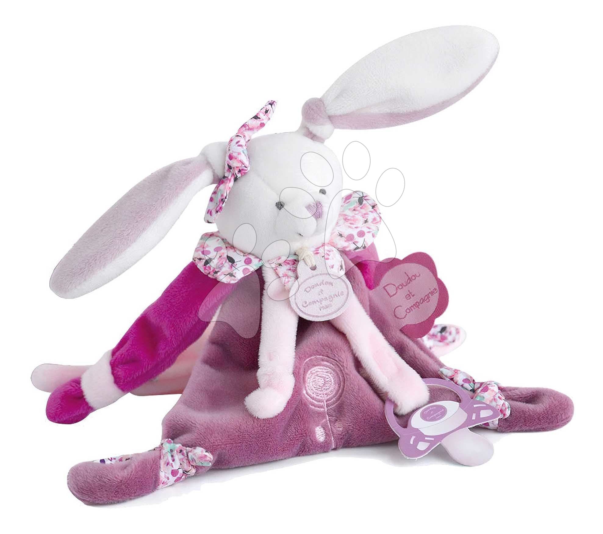 Plyšový zajačik s klipom na cumlík Lapin Cerise Doudou Dummy Holder Doudou et Compagnie v darčekovom balení ružový 17 cm od 0 mes 1