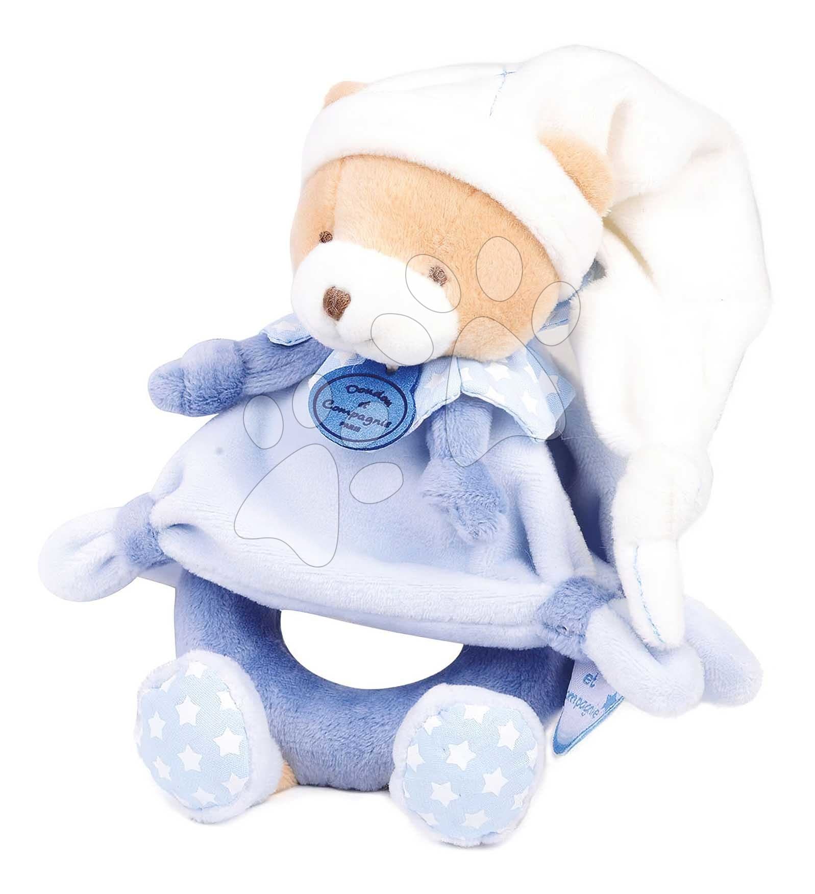 Plyšový medvedík s hrkálkou Ours Petit Chou Rattle Doudou et Compagnie v darčekovom balení modrý 19 cm od 0 mes 1