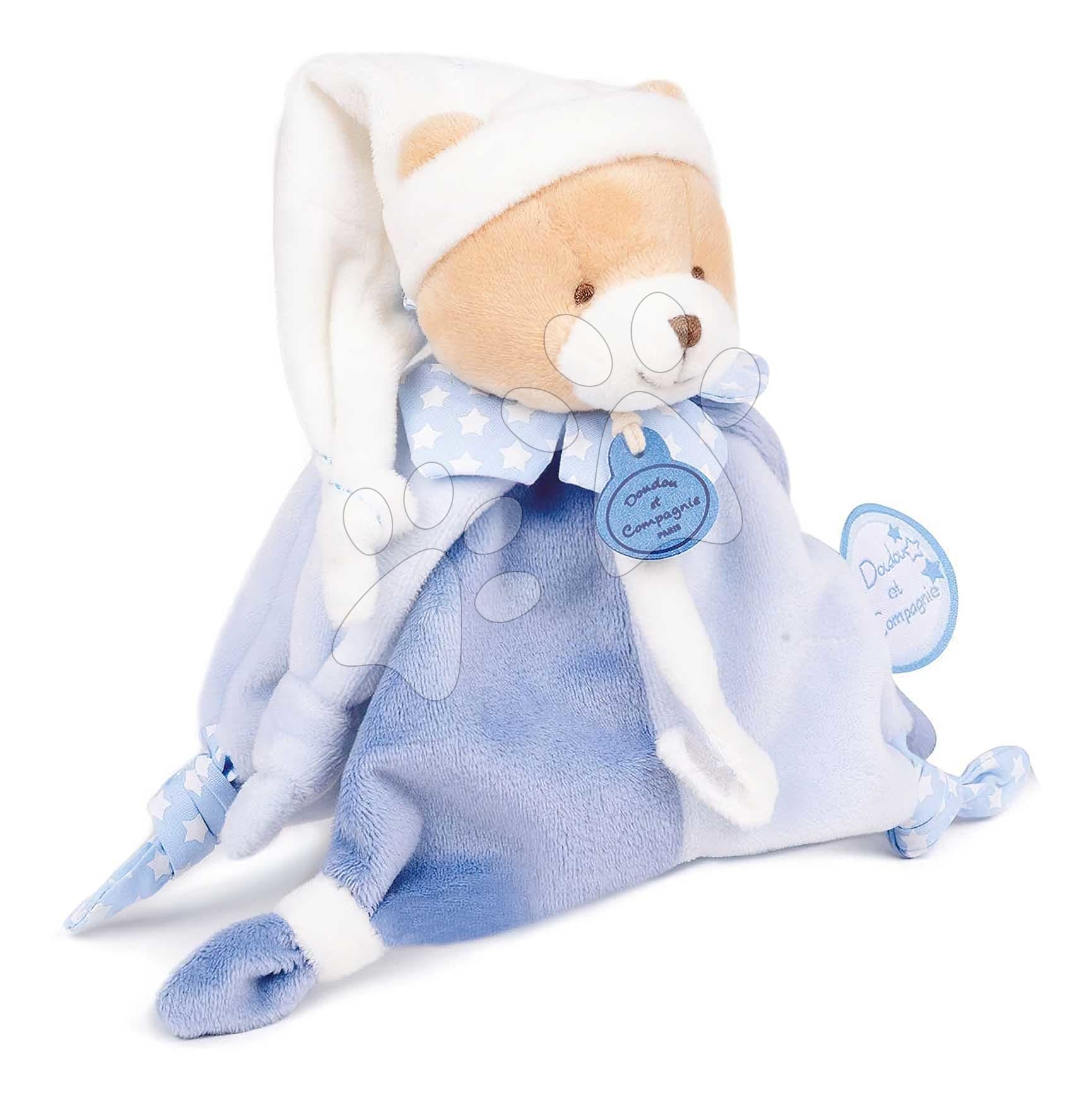Plyšový medvedík s klipom na cumlík Ours Petit Chou Doudou Dummy Holder Doudou et Compagnie v darčekovom balení modrý 17 cm od 0 mes