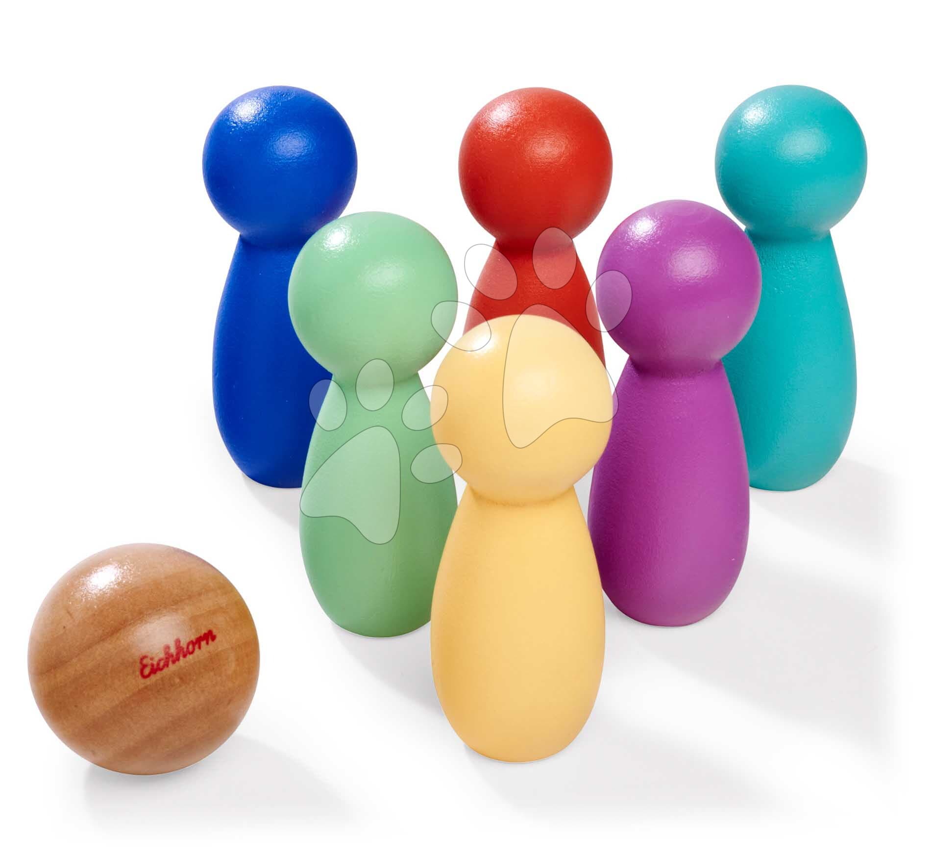 Drevená hra bowling Games Eichhorn so 6 farebnými kolkami a drevenou guľou 1