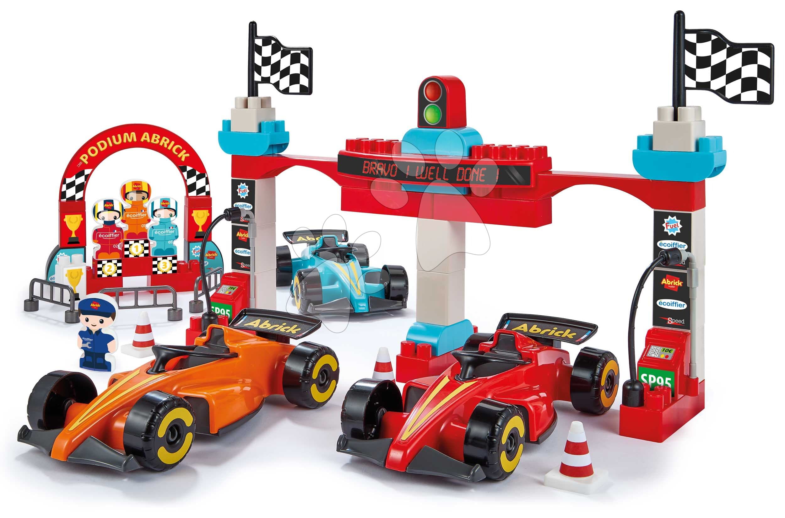Stavebnica Preteky Formula 1 Grand Prix Abrick Écoiffier s 3 autíčkami a 4 figúrkami od 18 mes
