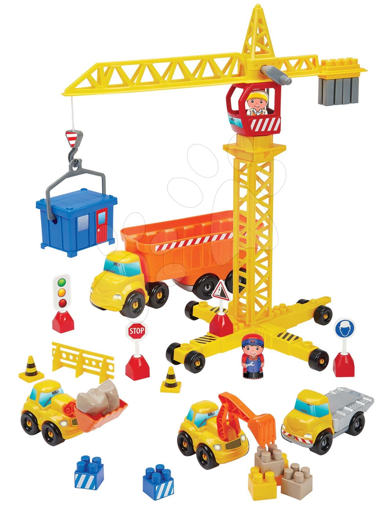 Stavebnica Stavbári so žeriavom Publics Works Crane Abrick Écoiffier s 5 autami a 2 figúrkami 1