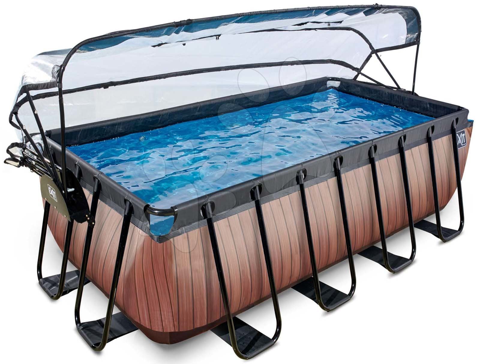 Bazén s krytom a pieskovou filtráciou Wood pool Exit Toys oceľová konštrukcia 400*200*122 cm hnedý od 6 rokov