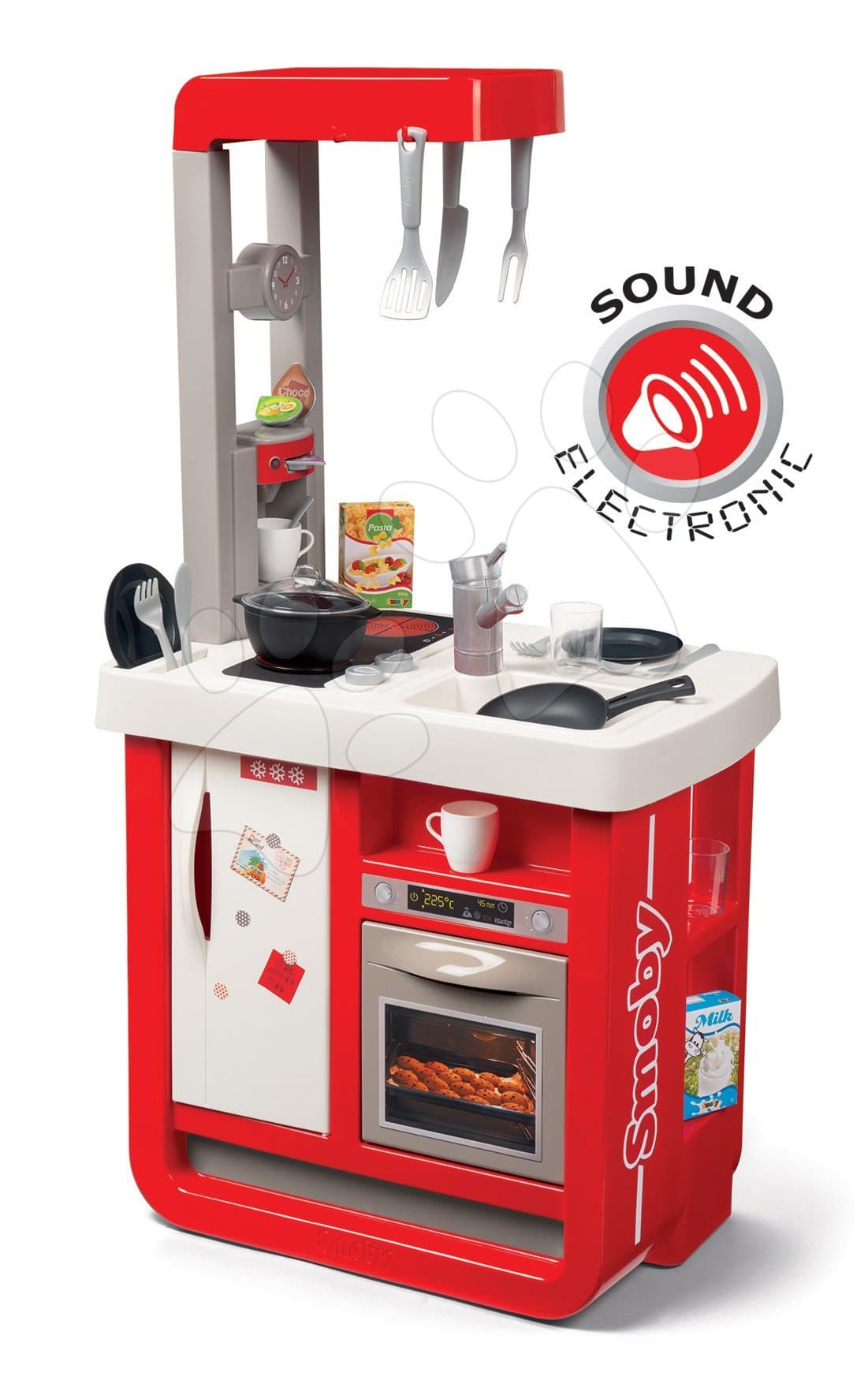 Kuchynka elektronická Bon Appetit Smoby červená zvuková s chladničkou kávovarom a 23 doplnkov 1