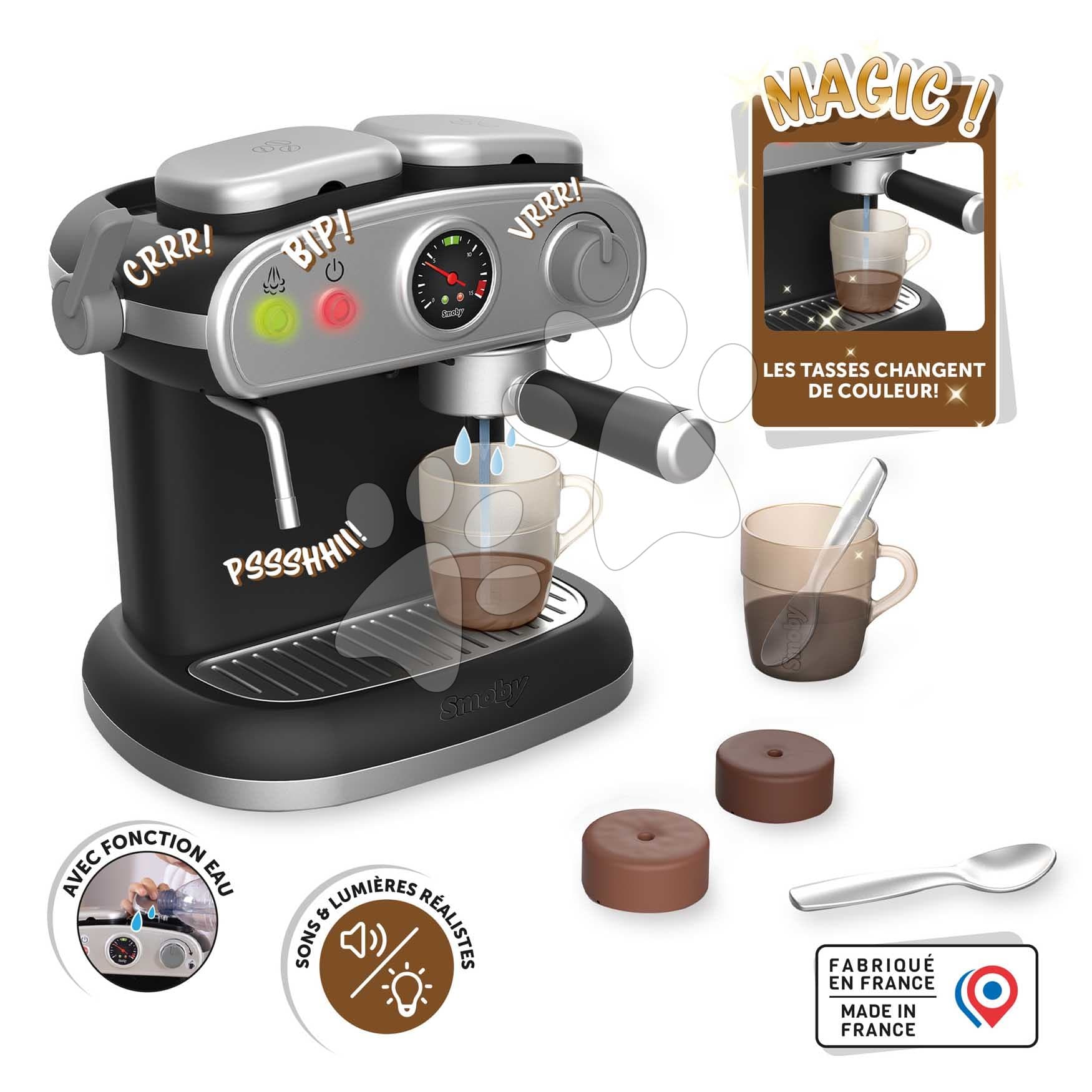 Kávovar elektronický Espresso Coffee Machine Smoby s realistickým zvukom a svetlom s magickými šálkami 7 doplnkov