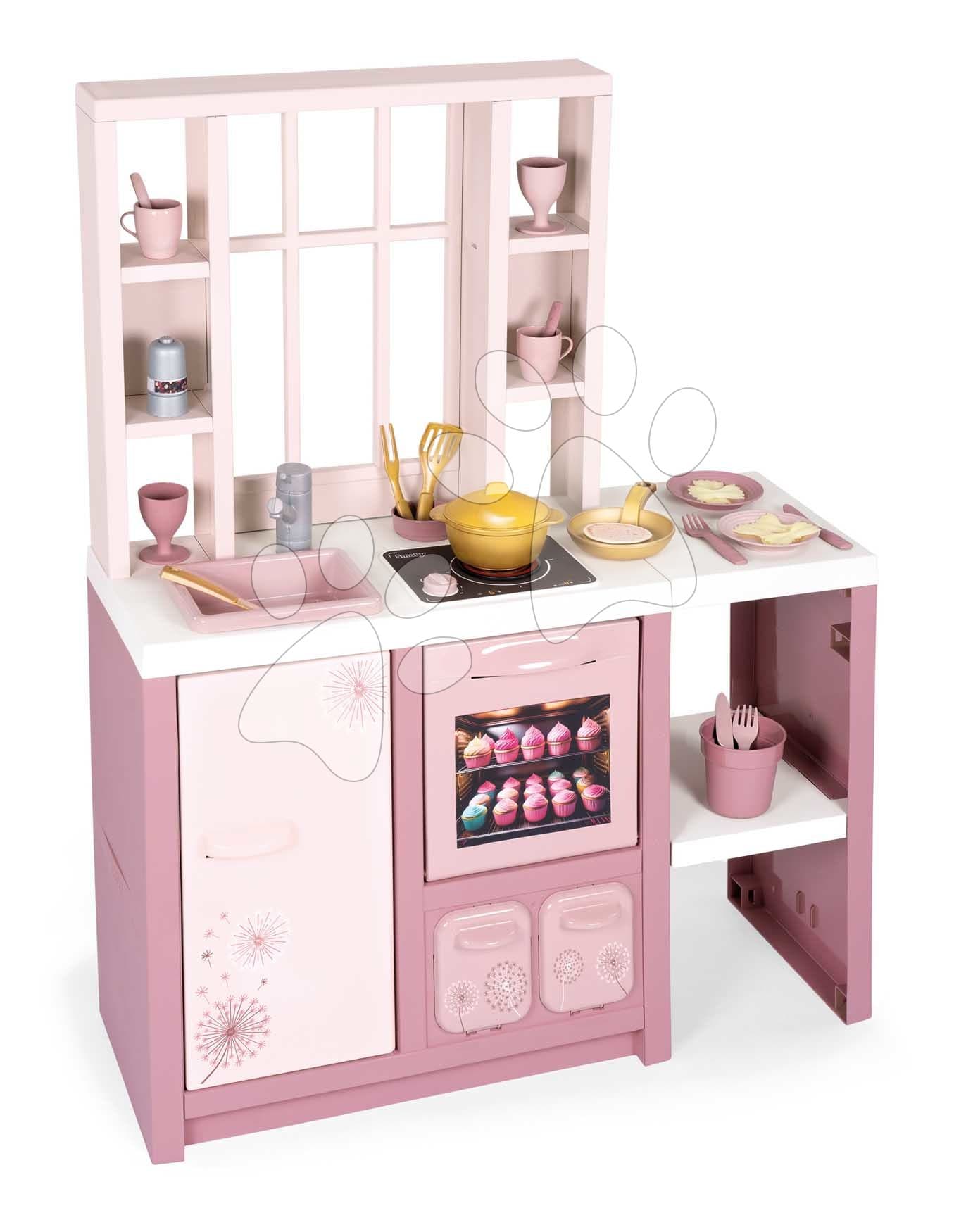 Kuchynka elektronická s magickými cestovinami Loft Fleur Pink 360° Smoby ružová so zvukom obojstranná s 27 doplnkami 50 cm pracovná doska