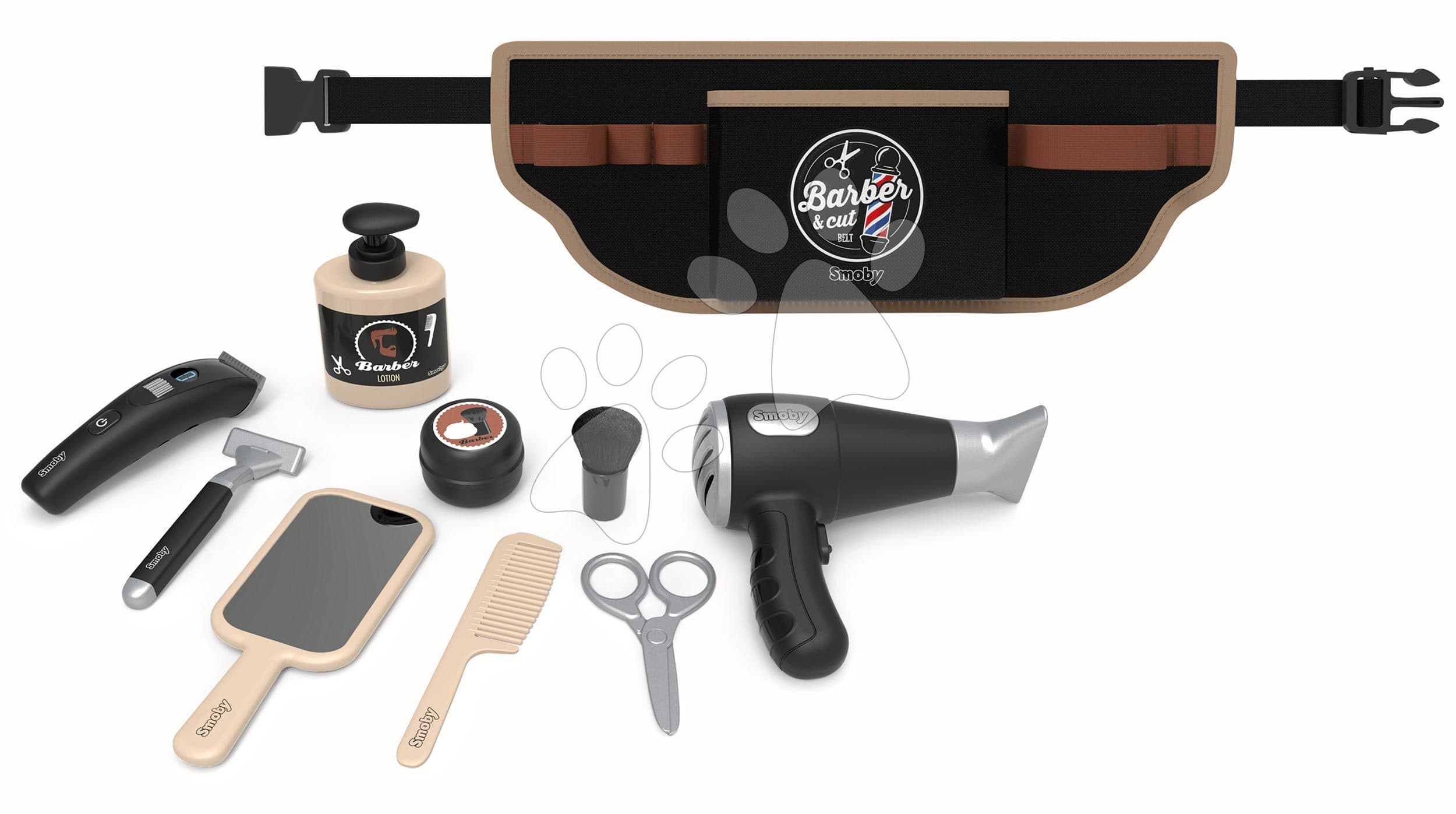 Holičský opasok elektronický Barber&Cut Ceinture Smoby s nožničkami žiletkou zastrihávačom fénom štetkou na holenie a 10 doplnkami 1