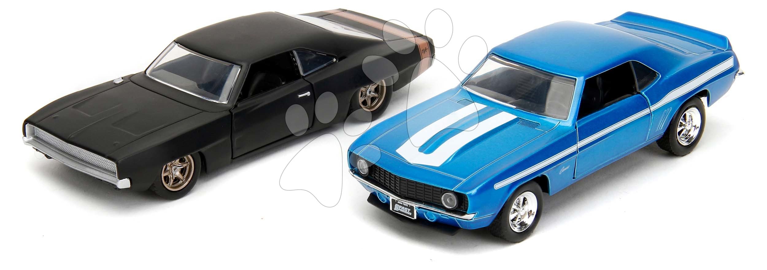 Autíčka Chevrolet Camaro 1969 a Dodge Charger Wide Body 1968 Fast & Furious Twin Pack Jada kovové s otvárateľnými dverami dĺžka 13 cm 1:32 1