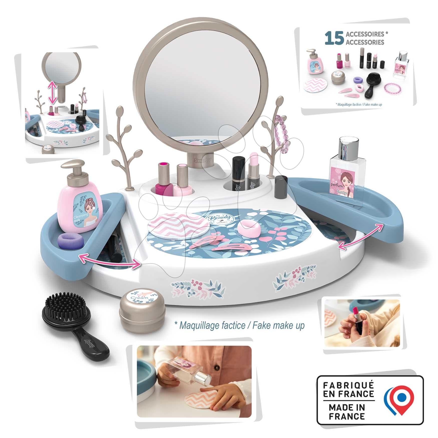 Kozmetický stolík s odnímateľným zrkadlom My Beauty Studio Smoby otvárateľné priehradky a stromčeky na zavesenie šperkov a 15 doplnkov 1