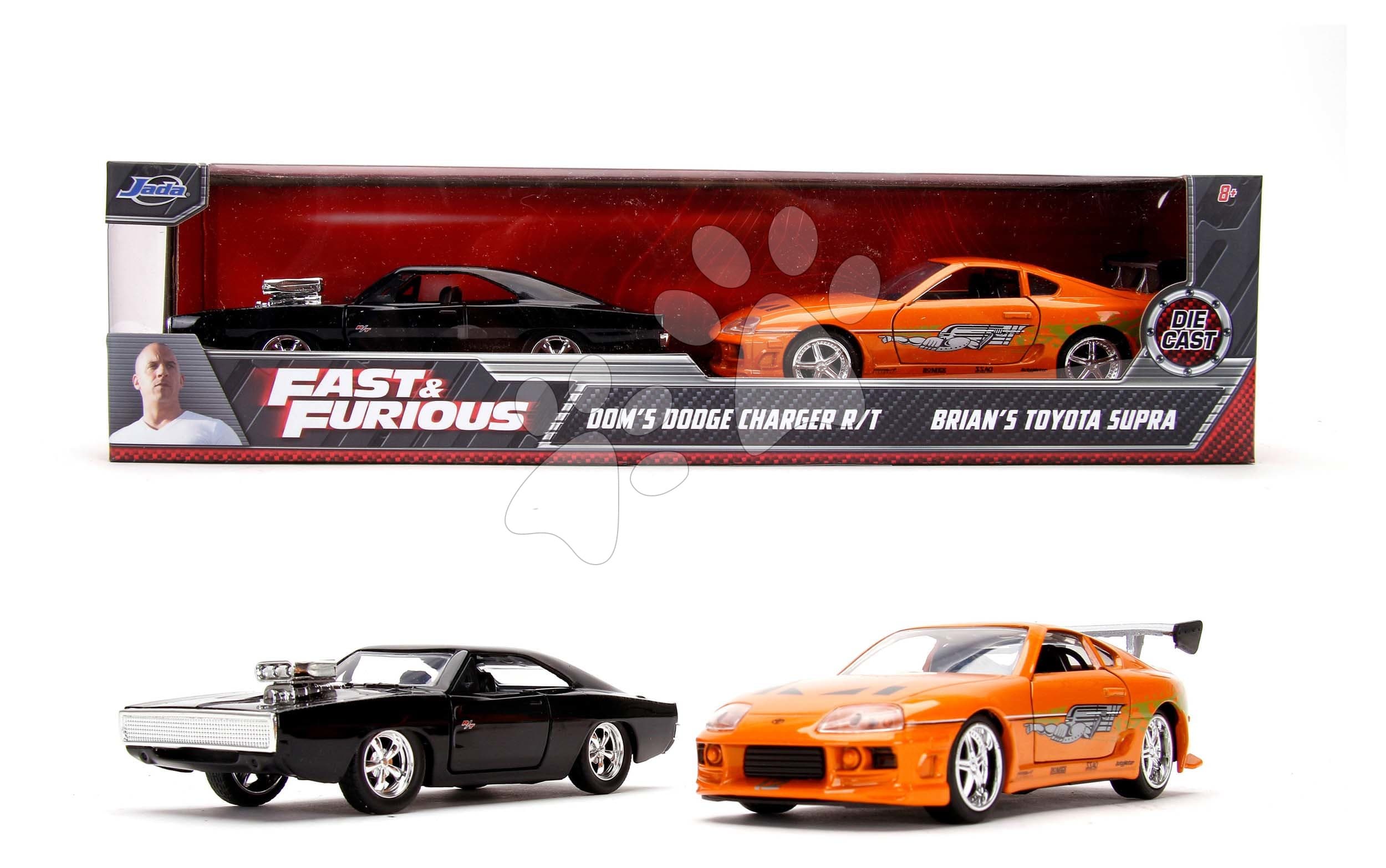 Autíčka Toyota Supra a Dodge Charger 1970 Fast & Furious Twin Pack Jada kovové s otvárateľnými dverami dĺžka 12 cm 1:32