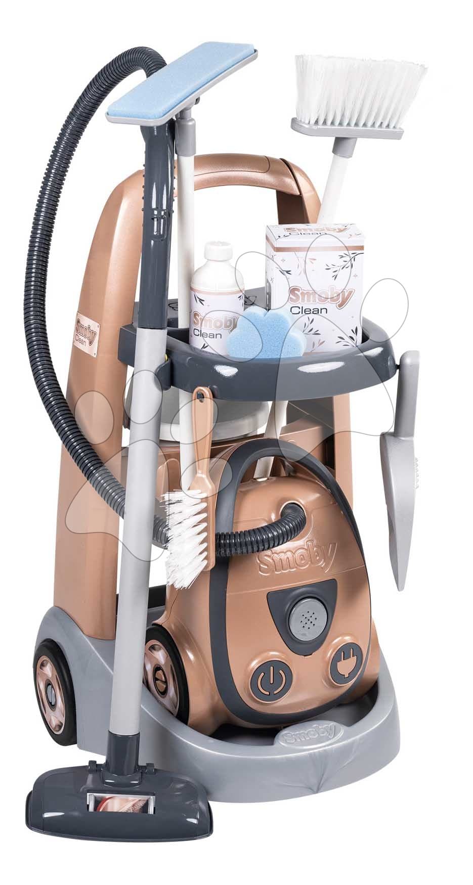 Upratovací vozík a elektronický vysávač Rowenta Vacuum Cleaner Smoby s realistickým zvukom s metlou lopatkou a 9 doplnkami