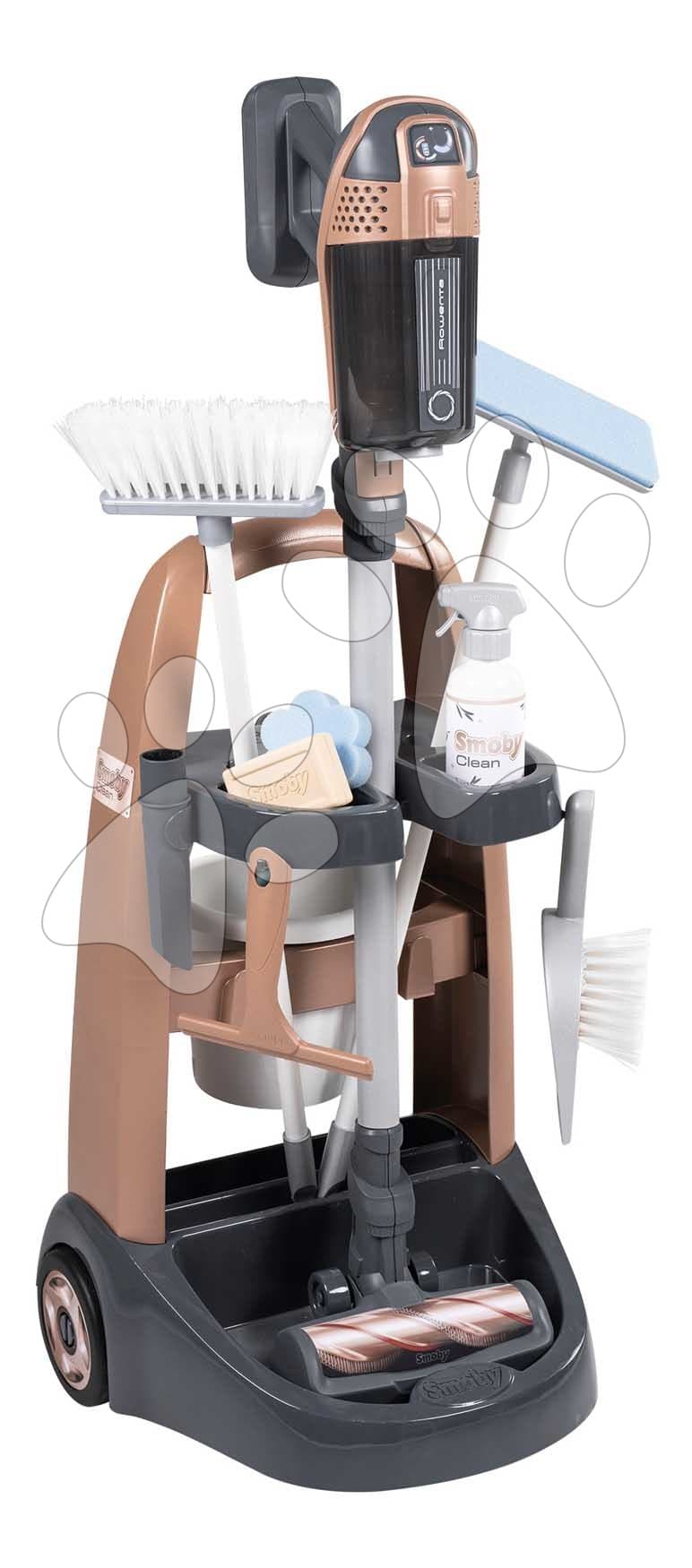 Upratovací vozík s tyčovým vysávačom Rowenta Trolley Upright Hoover Smoby s realistickým zvukom s metlou mopom a 10 doplnkov