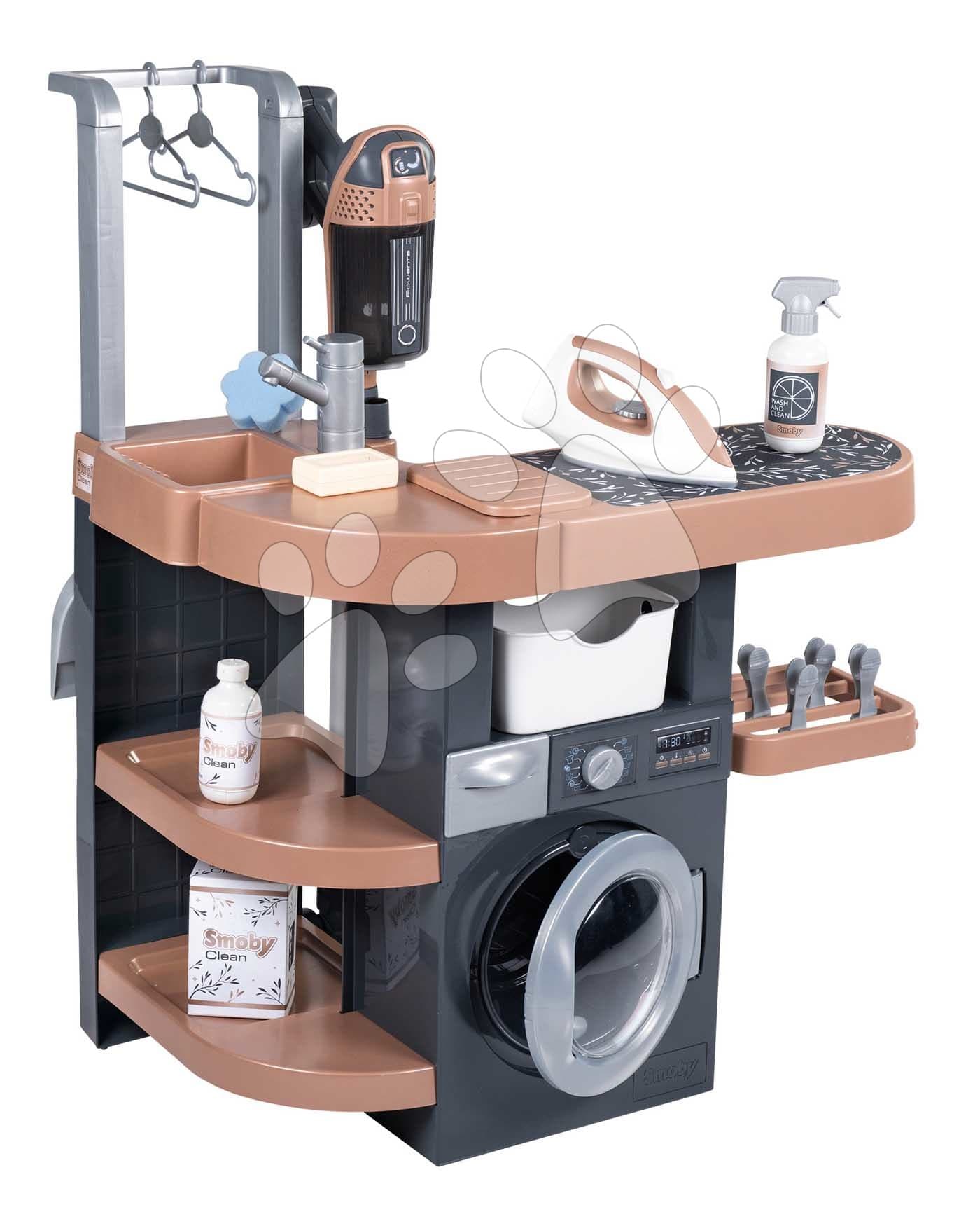 Práčovňa s práčkou a elektronický vysávač Rowenta Wash&Clean Laundry Smoby so zvukom a žehličkou 17 doplnkov 1