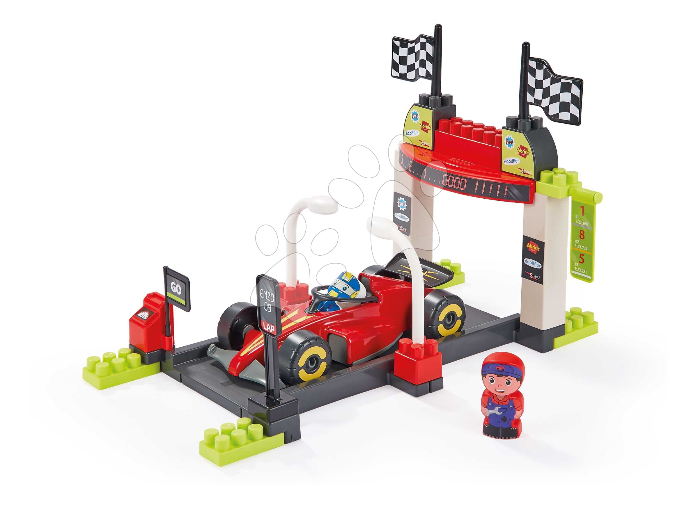 Stavebnica s formulou v zastávke Pit Stop Formula 1 Abrick Écoiffier s figúrkou od 18 mes 1