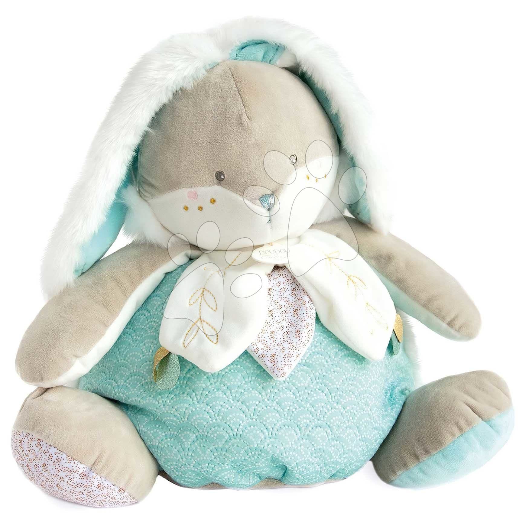 Plyšový zajačik Bunny Almond Lapin de Sucre Pyjama Bag Doudou et Compagnie na odloženie pyžama tyrkysový 38 cm od 0 mes