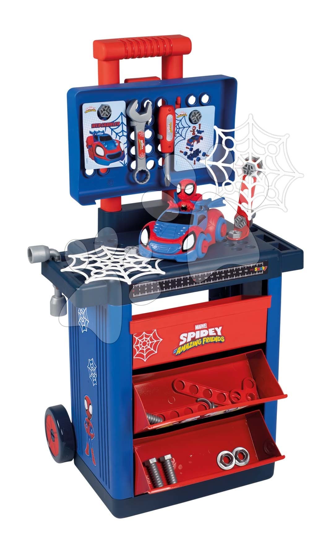 Pracovný stolík na kolieskach Spidey DIY Trolley Marvel Smoby s autíčkom figúrkou a 45 pracovných doplnkov 1