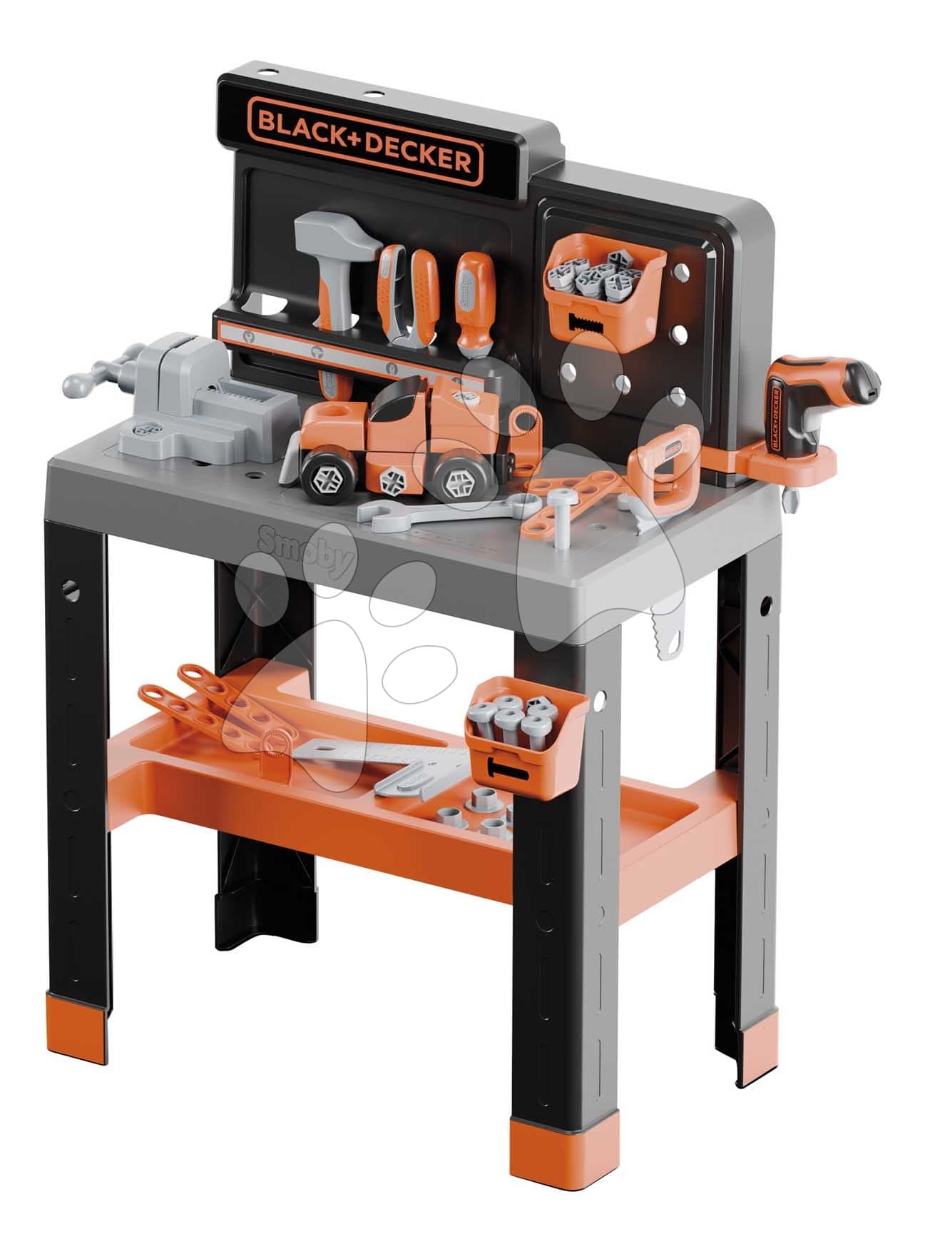 Pracovná dielňa so skladacím autíčkom Bricolo Pro Workbench Black&Decker Smoby s mechanickou vŕtačkou a náradím s montážnymi dielikmi 78 doplnkov výška 75 cm