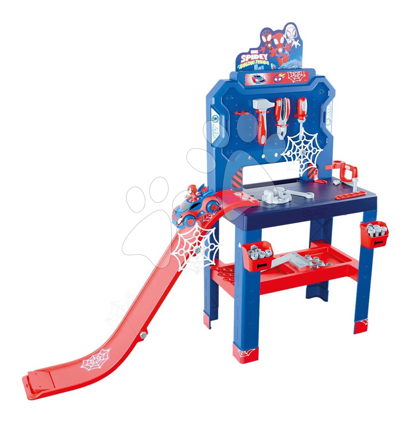 Pracovná dielňa s autíčkom Spidey Bricolo Workbench Marvel Smoby so skákajúcou rampou a náradím 90 doplnkov