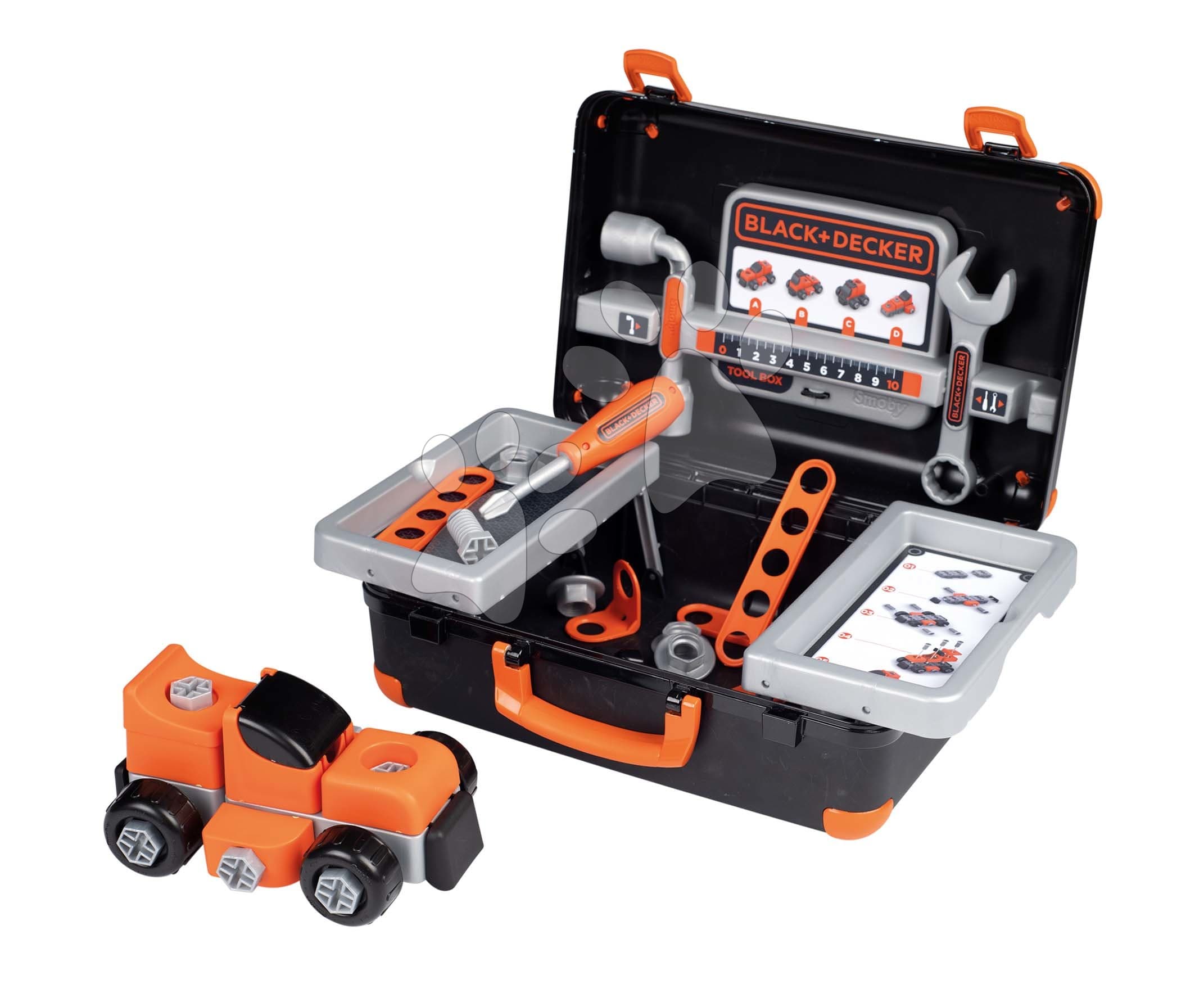 Pracovný kufrík Bricolo Box Black&Decker Smoby s rozoberateľným autíčkom a 39 doplnkami 1