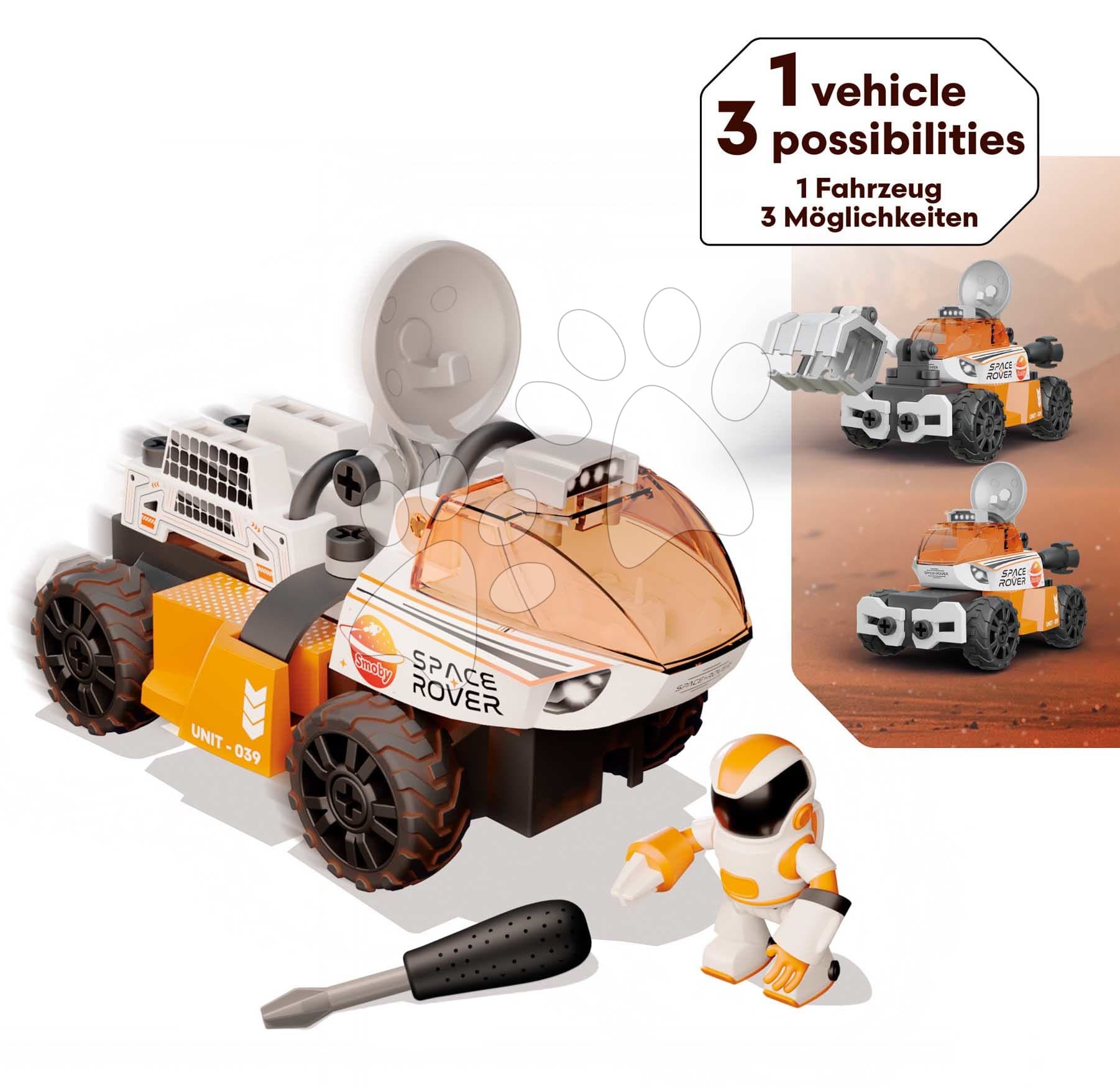 Stavebnica vesmírne autíčko 3v1 Space Rover Discovery Set Smoby 50 dielikov so skrutkovačom a figúrka astronauta s pohyblivými končatinami
