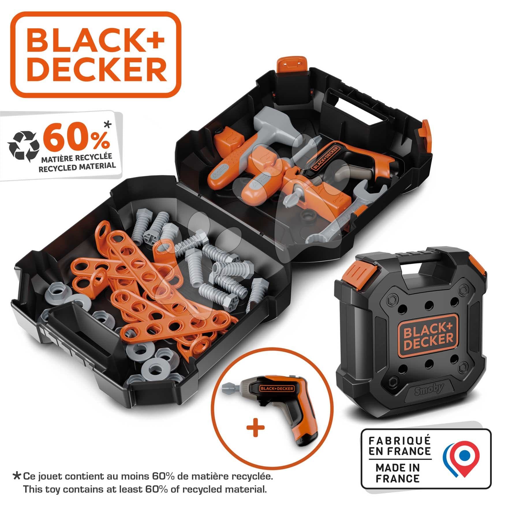 Pracovný kufrík s vŕtačkou Bricolo Case Black&Decker Smoby s náradím a montážnymi dielmi 36 doplnkov