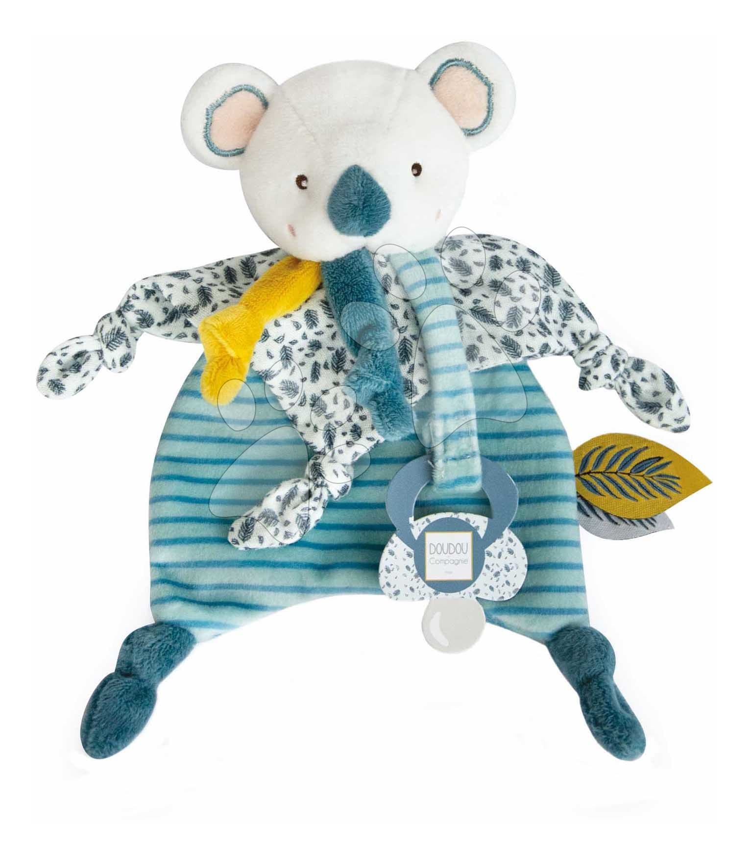 Plyšová koala s klipom na cumlík Yoca le Koala Doudou Dummy Holder Doudou et Compagnie v darčekovom balení modrá 20 cm od 0 mes