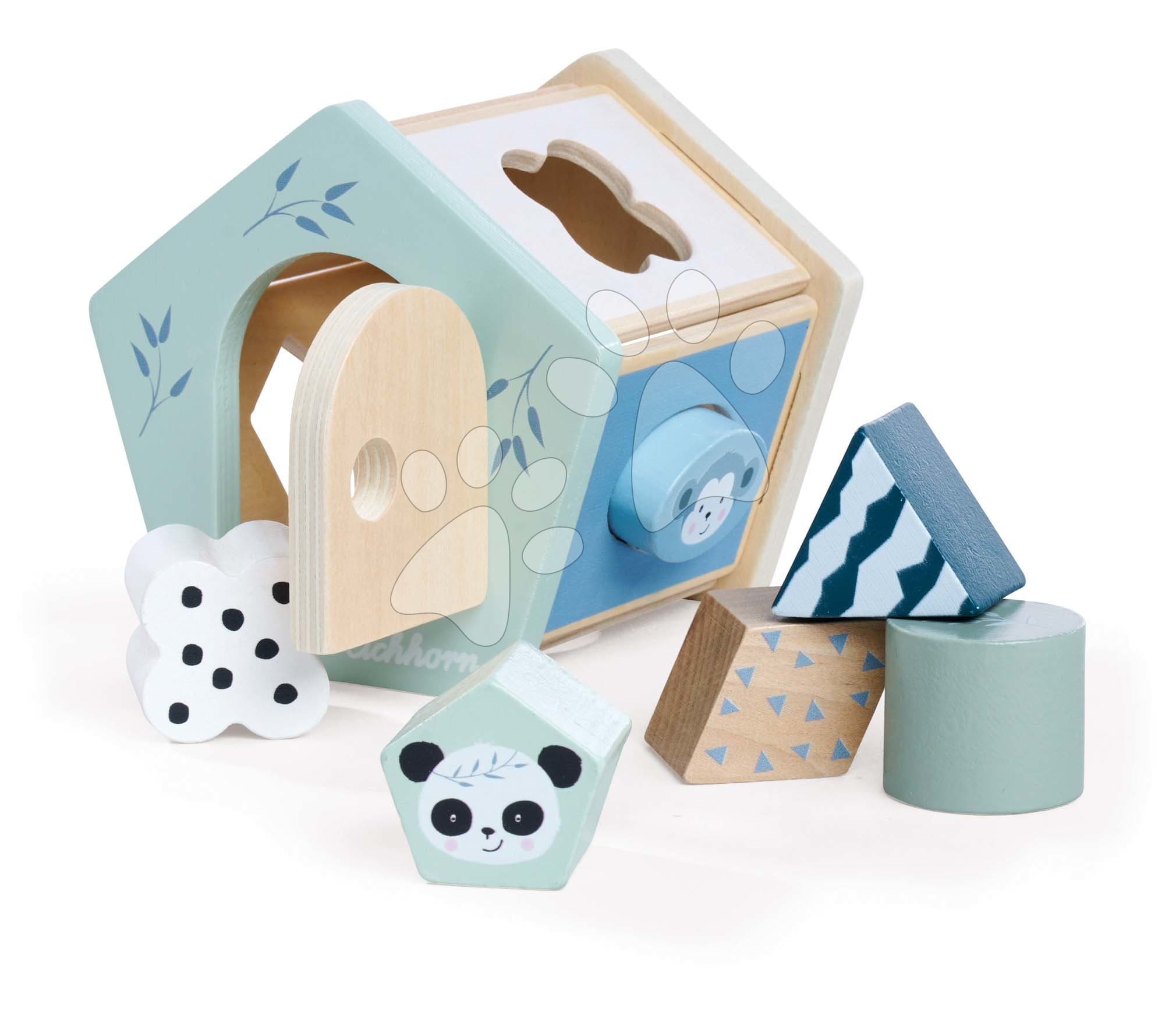 Drevený didaktický domček Shape Box Panda Eichhorn so 6 vkladacími kockami od 12 mes 1