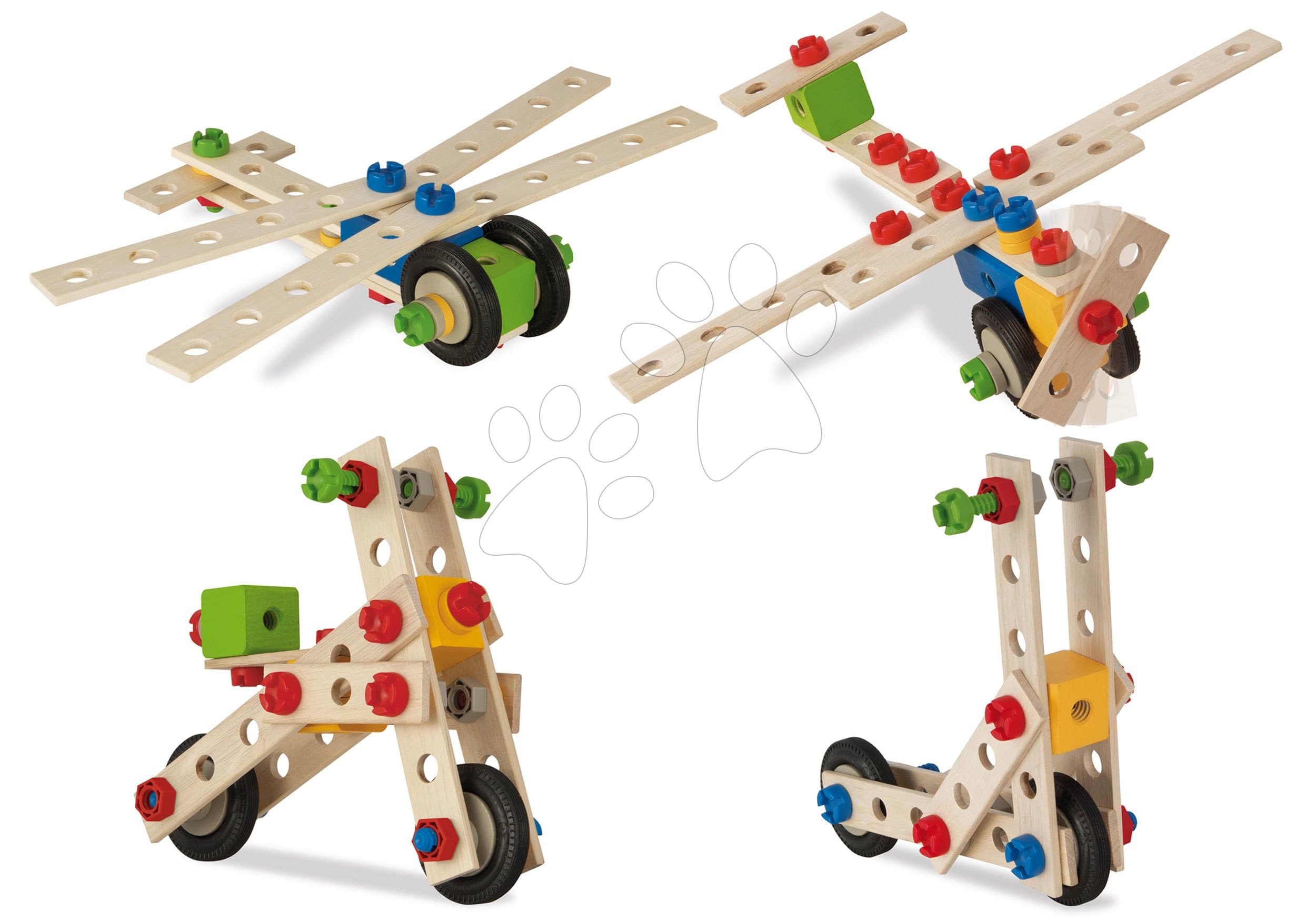 Drevená stavebnica motorka Constructor Scooter Eichhorn 4 modely (motorka, lietadlo, kolobežka, vážka) 65 dielov