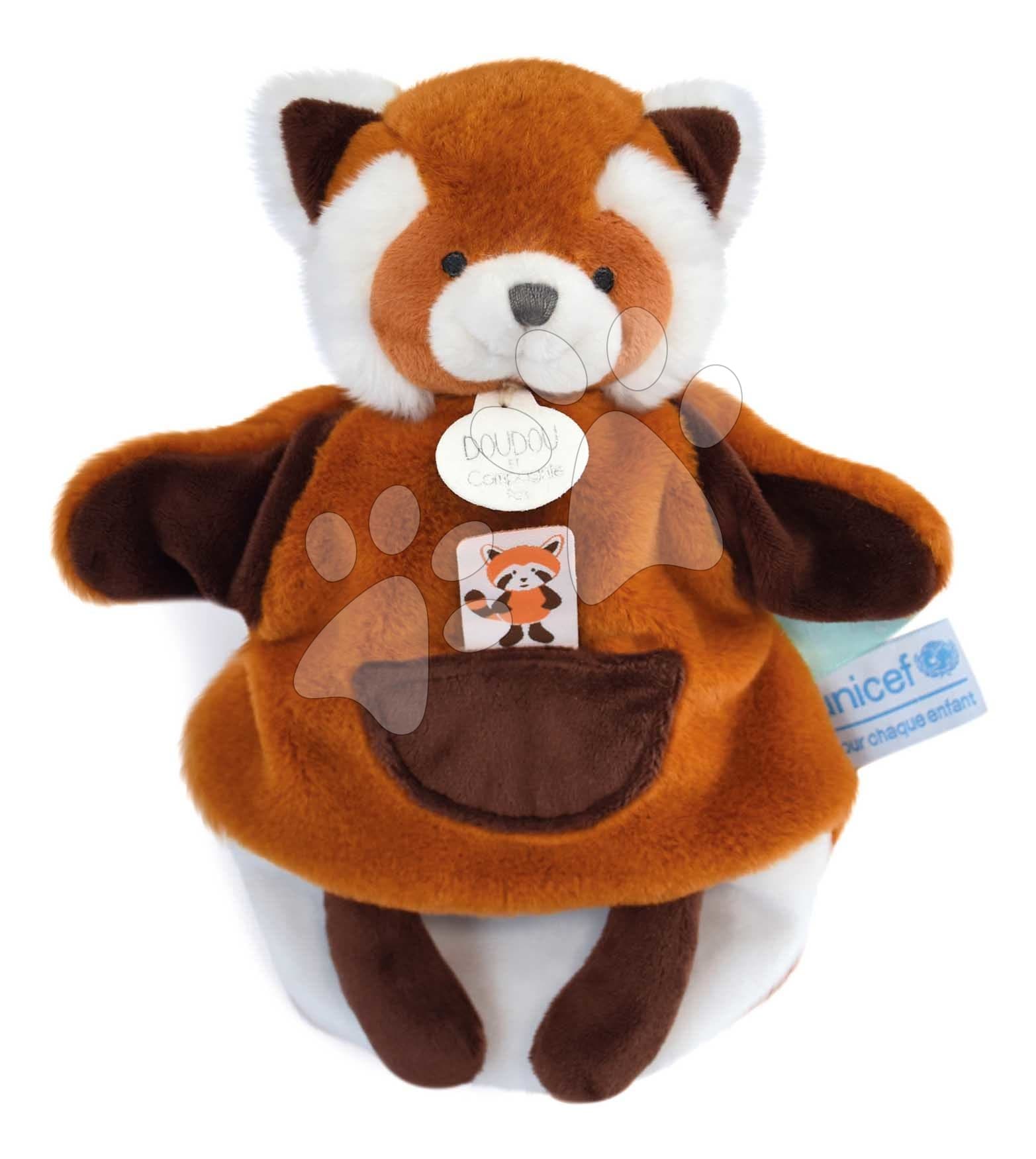 Plyšová panda na bábkové divadlo Red Panda Hand Puppet Unicef Collection Doudou et Compagnie v darčekovom balení červená 25 cm od 0 mes