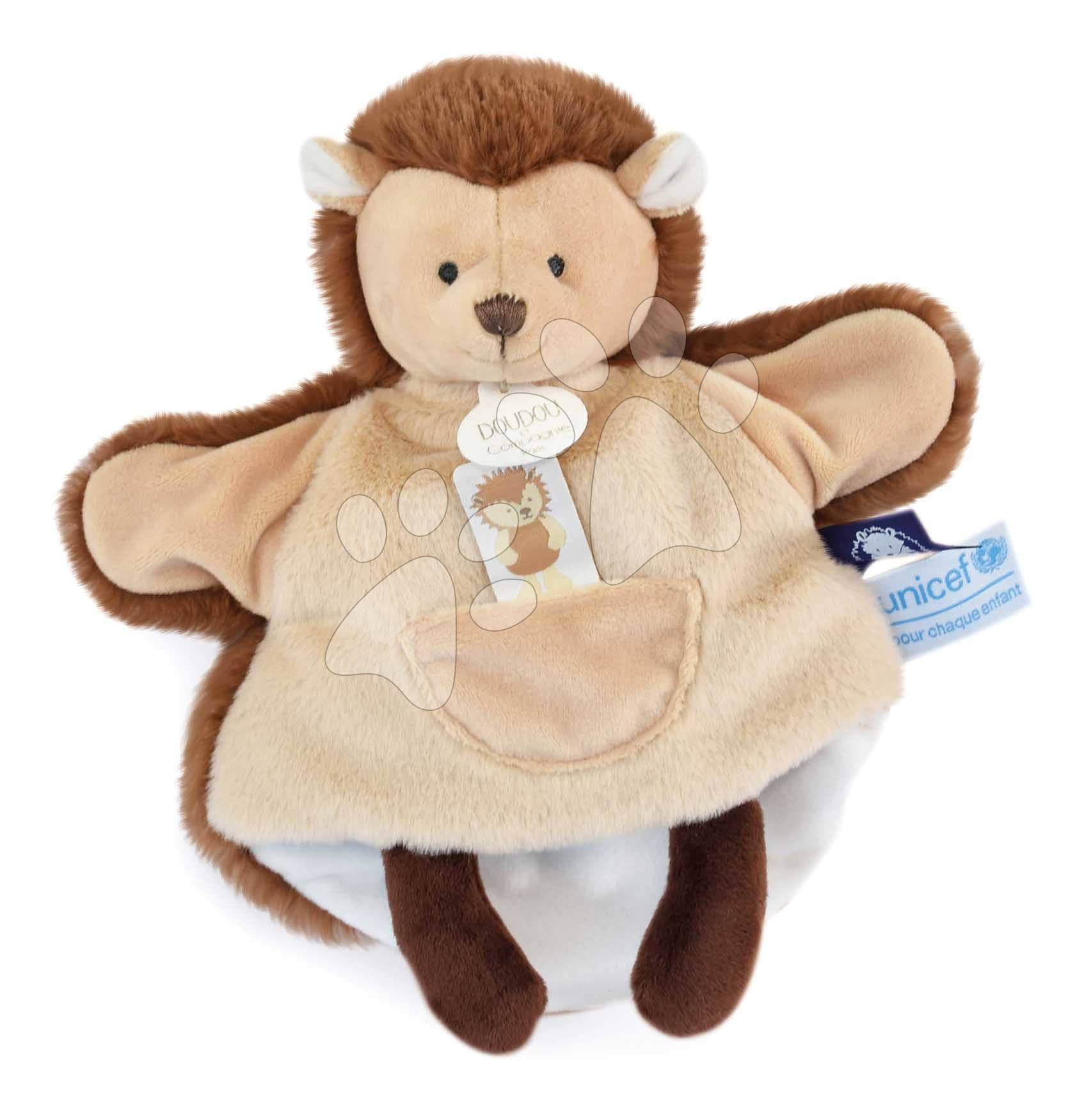 Plyšový ježko na bábkové divadlo Hedgehog Hand Puppet Unicef Collection Doudou et Compagnie v darčekovom balení hnedý 25 cm od 0 mes