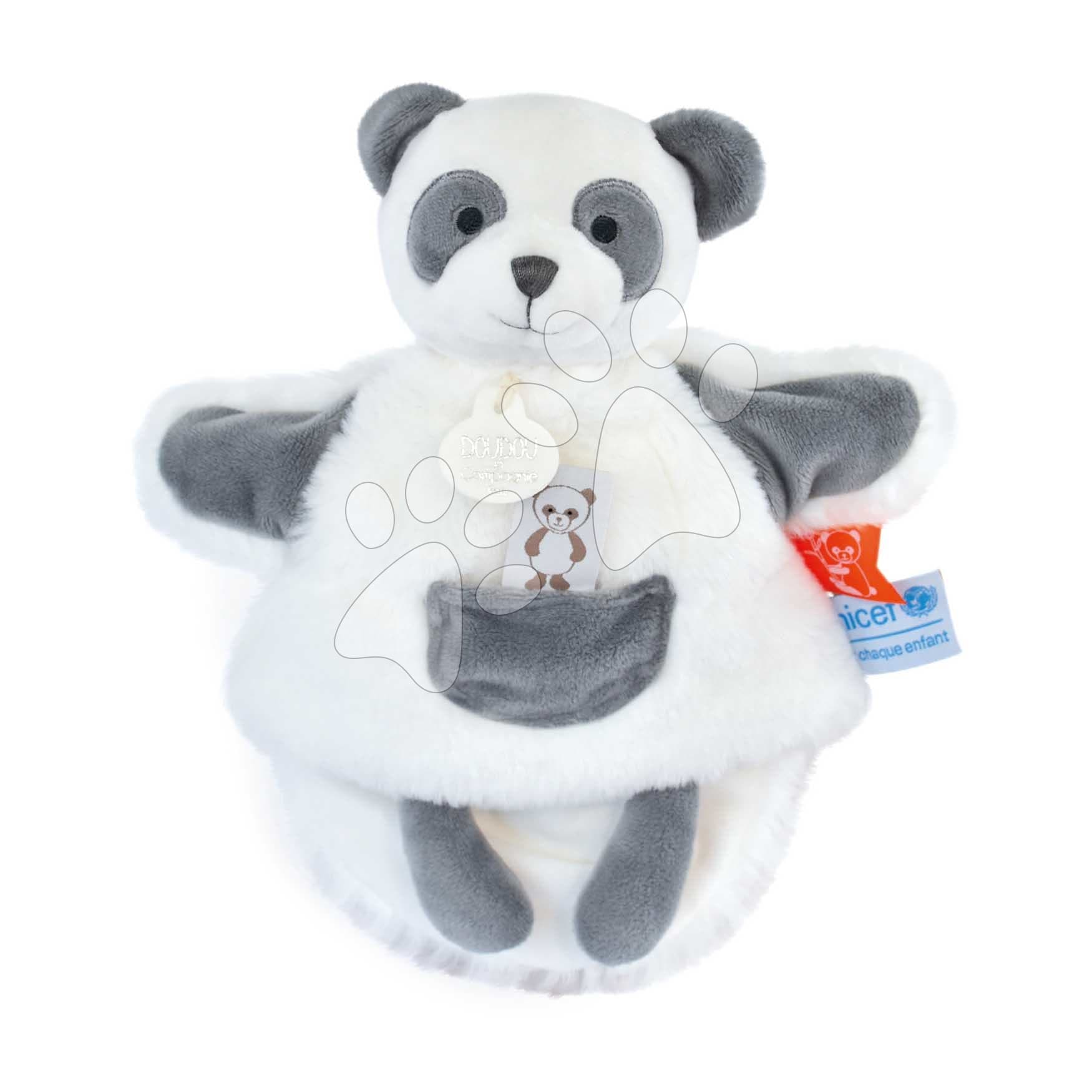 Plyšová panda na bábkové divadlo Panda Hand Puppet Unicef Collection Doudou et Compagnie v darčekovom balení biela 25 cm od 0 mes