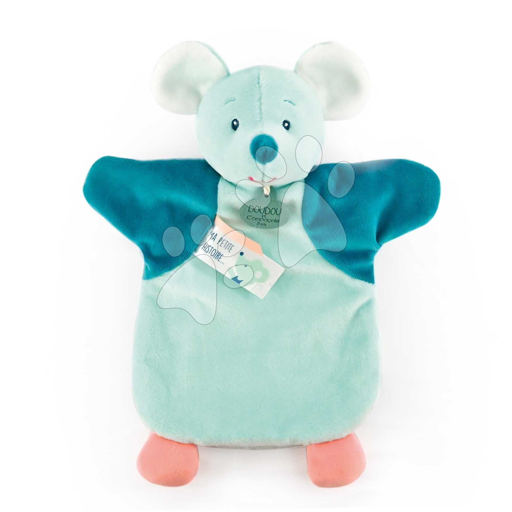 Plyšová myška na bábkové divadlo Mouse Green Hand Puppet Doudou et Compagnie tyrkysová 25 cm od 0 mes